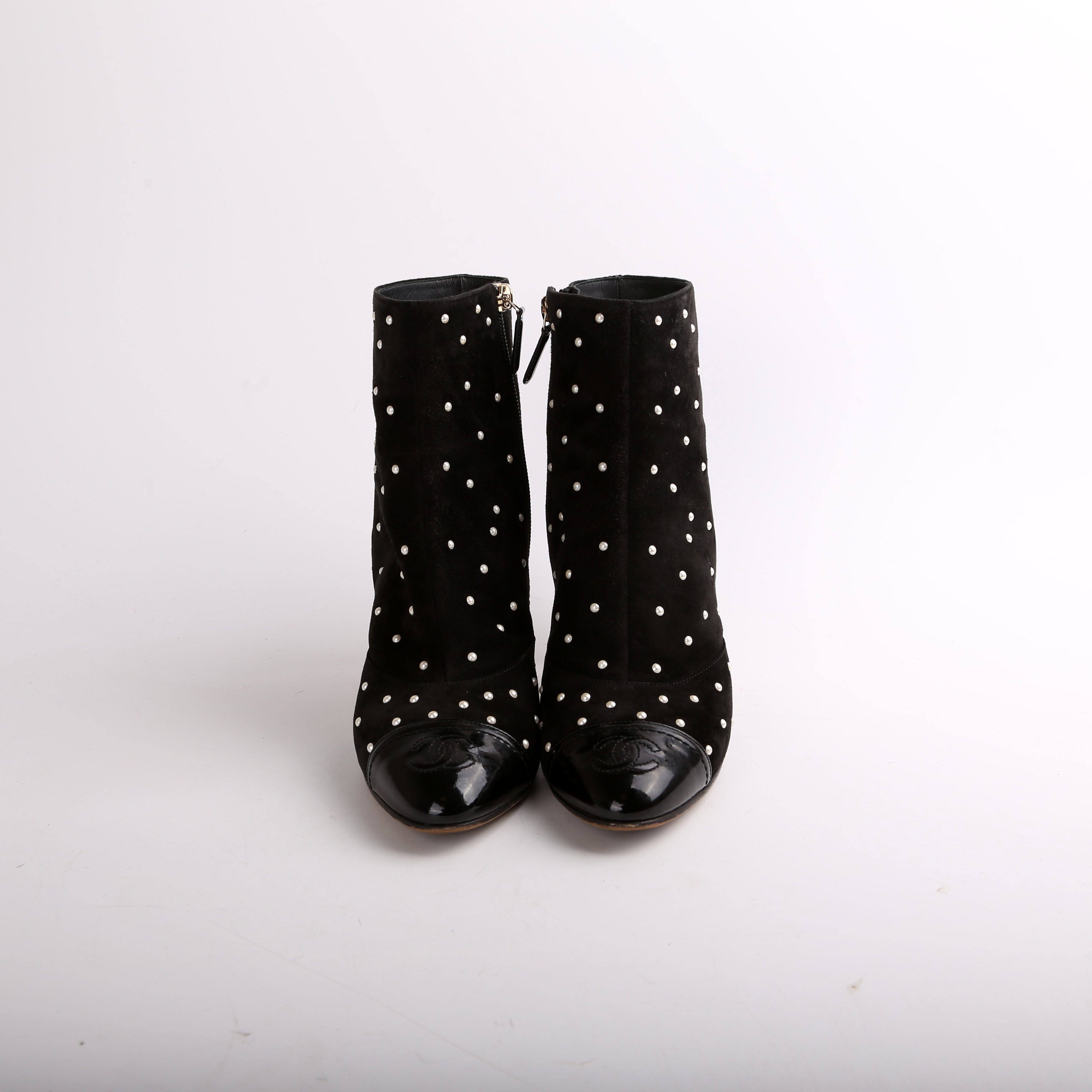 Chanel Suede Pearl Cap Toe Booties Size 38