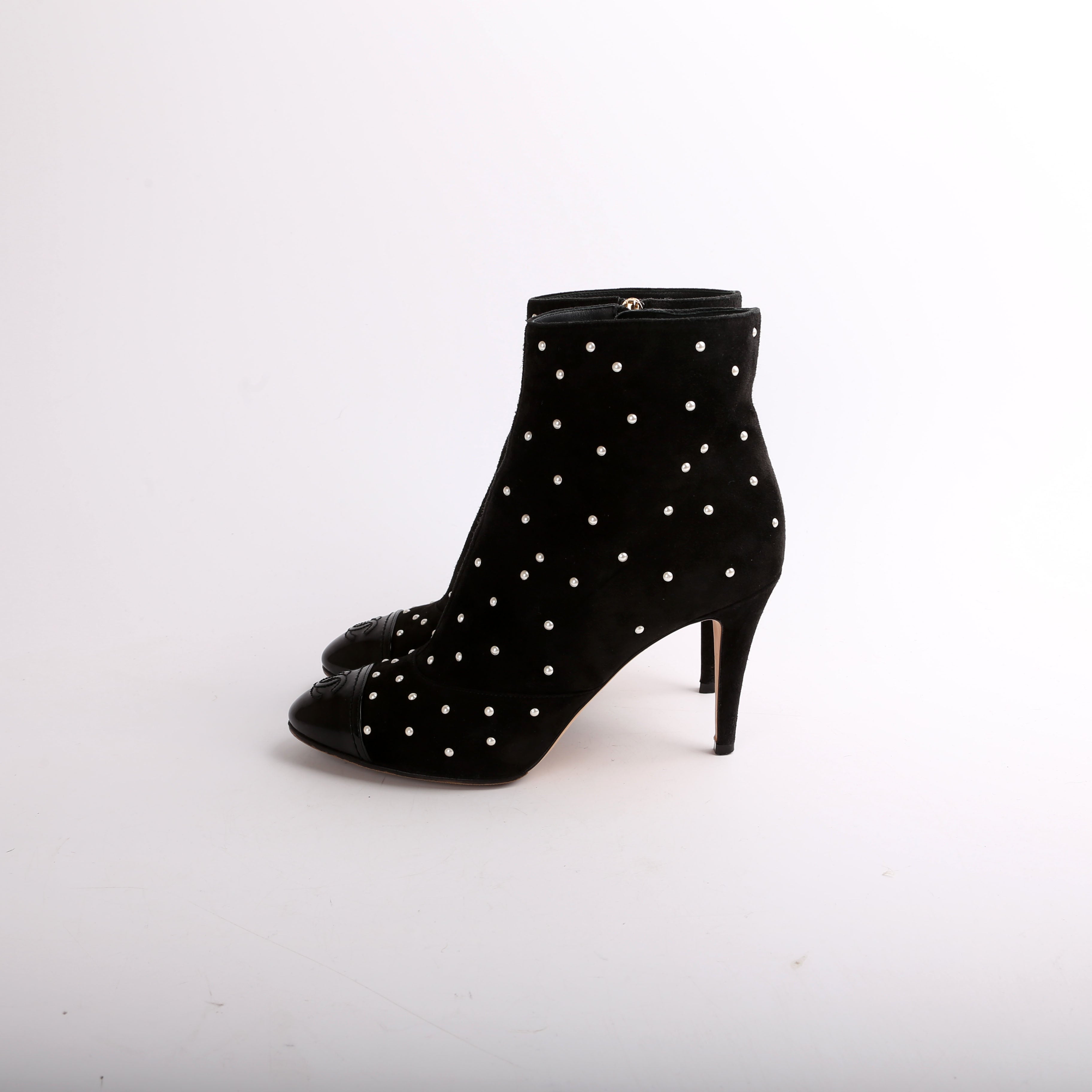 Chanel Suede Pearl Cap Toe Booties Size 38