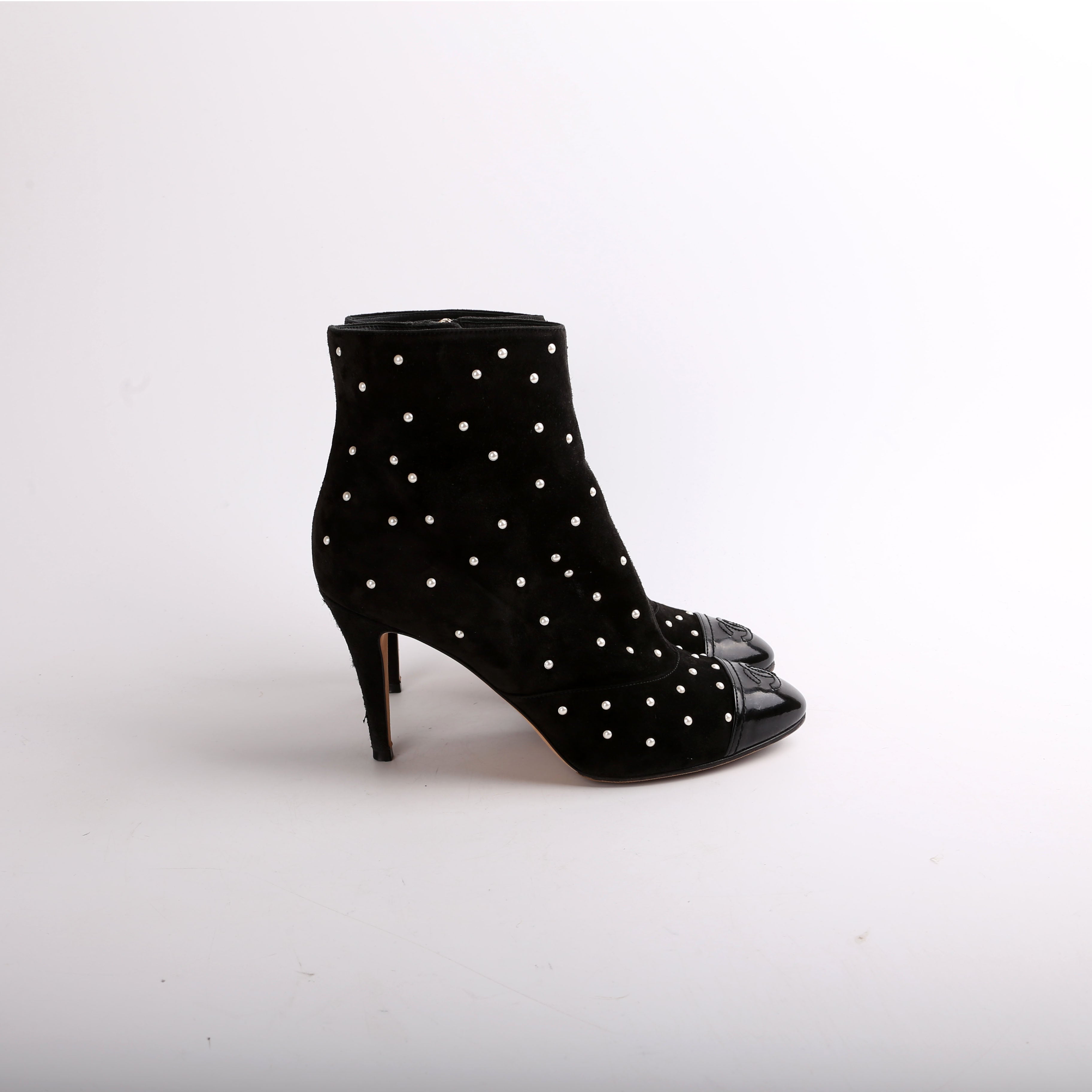 Chanel Suede Pearl Cap Toe Booties Size 38