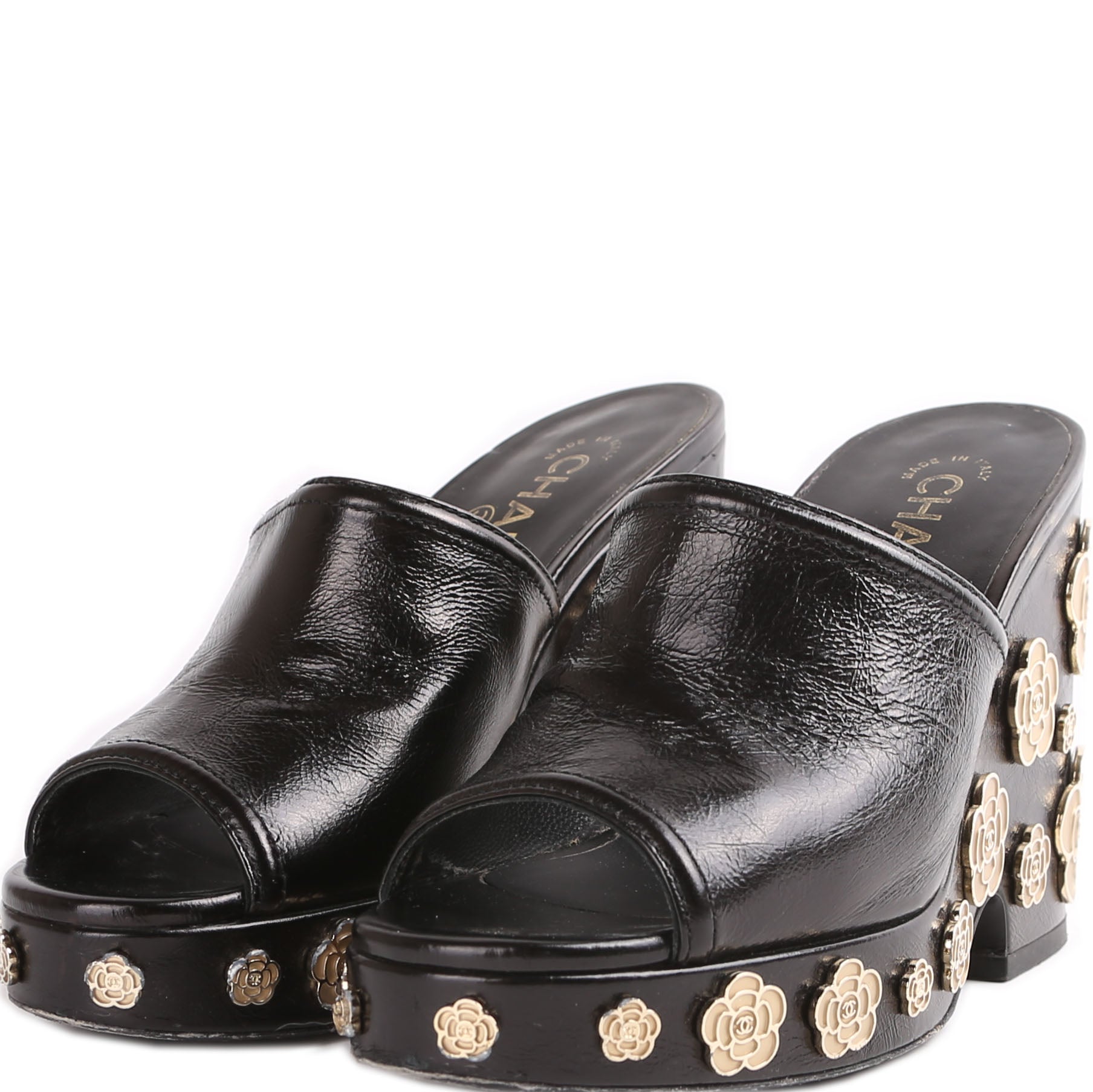 Chanel Peep Toe Platform Camellia Mules Size 35.5