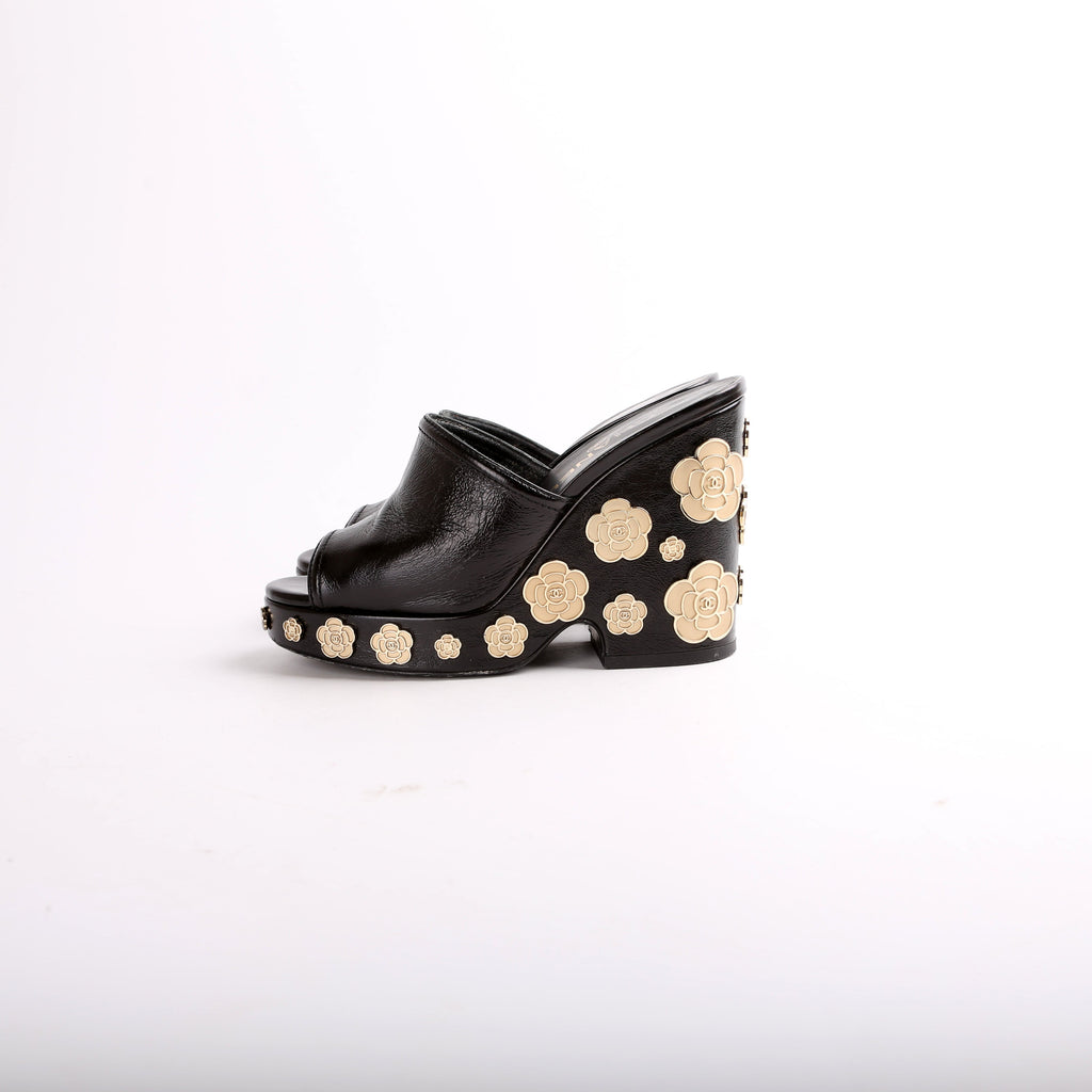 Chanel Peep Toe Platform Camellia Mules Size 35.5