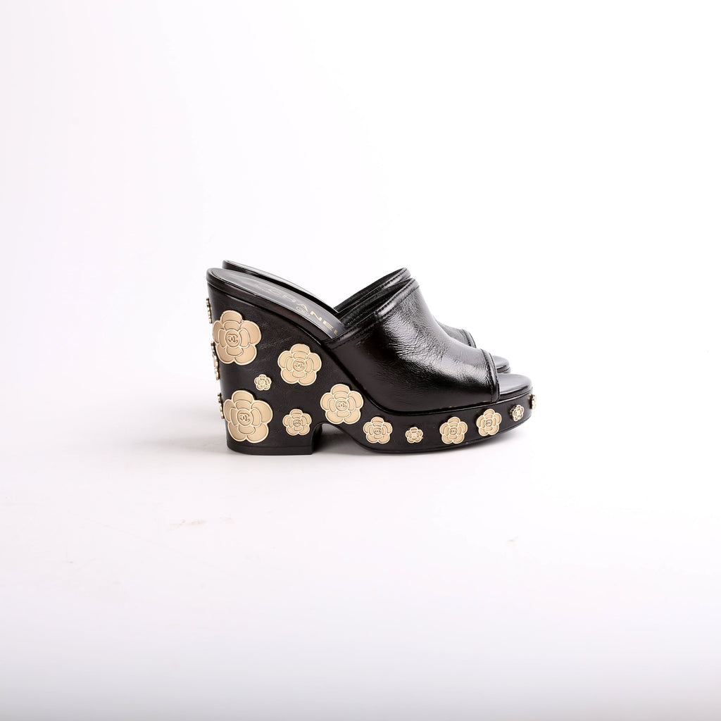 Chanel Peep Toe Platform Camellia Mules Size 35.5