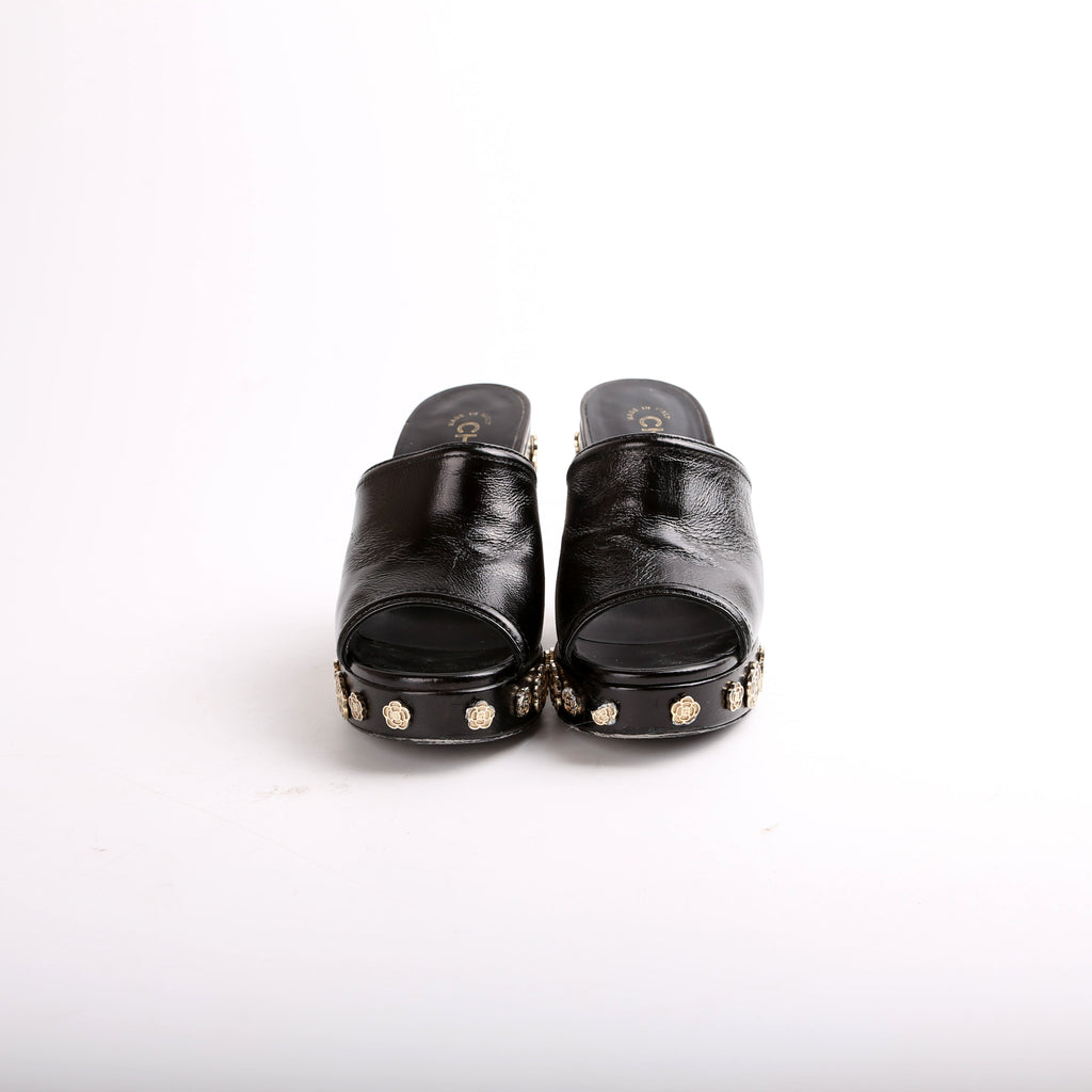 Chanel Peep Toe Platform Camellia Mules Size 35.5