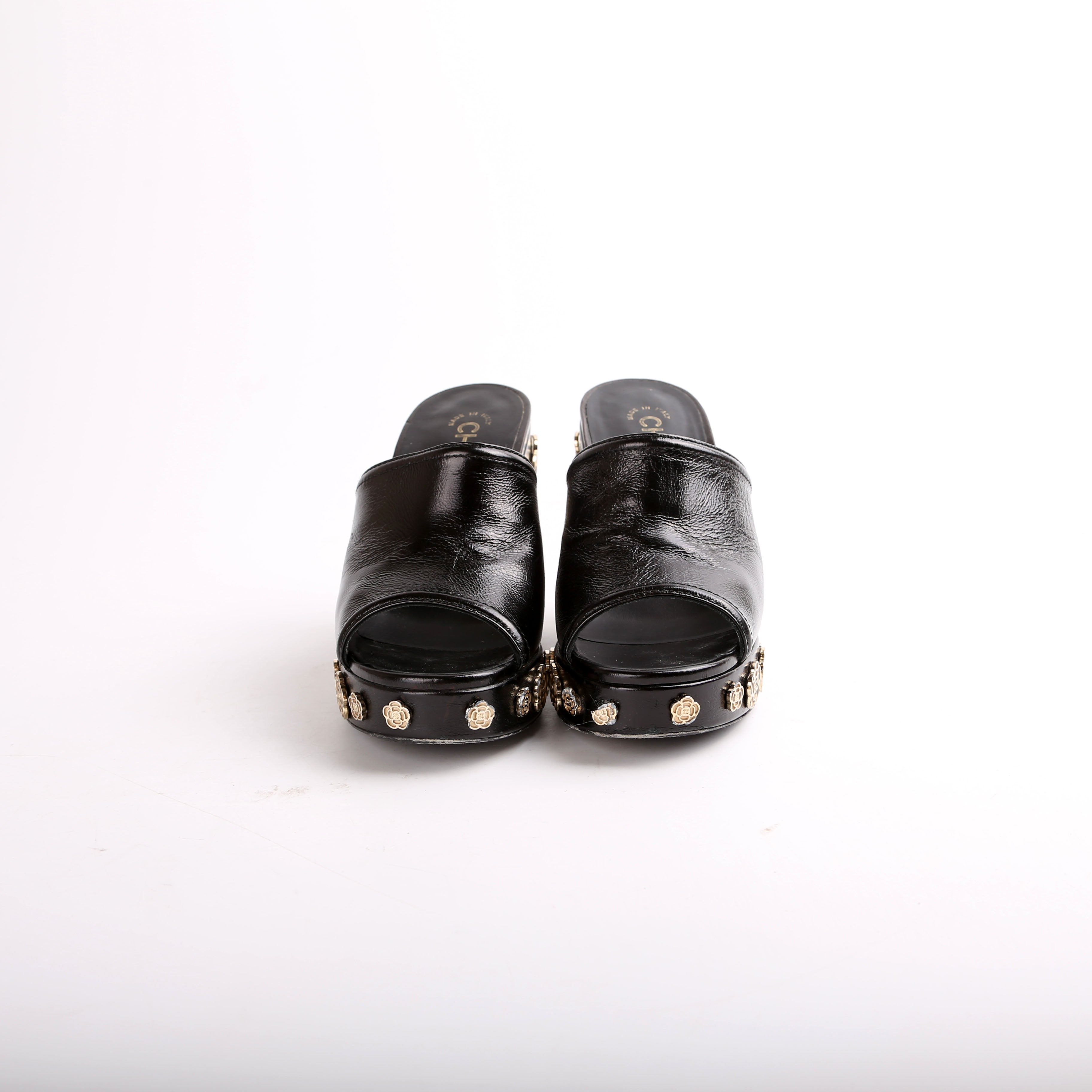 Chanel Peep Toe Platform Camellia Mules Size 35.5