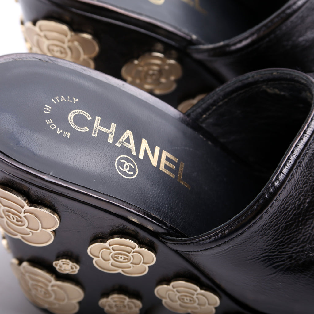 Chanel Peep Toe Platform Camellia Mules Size 35.5
