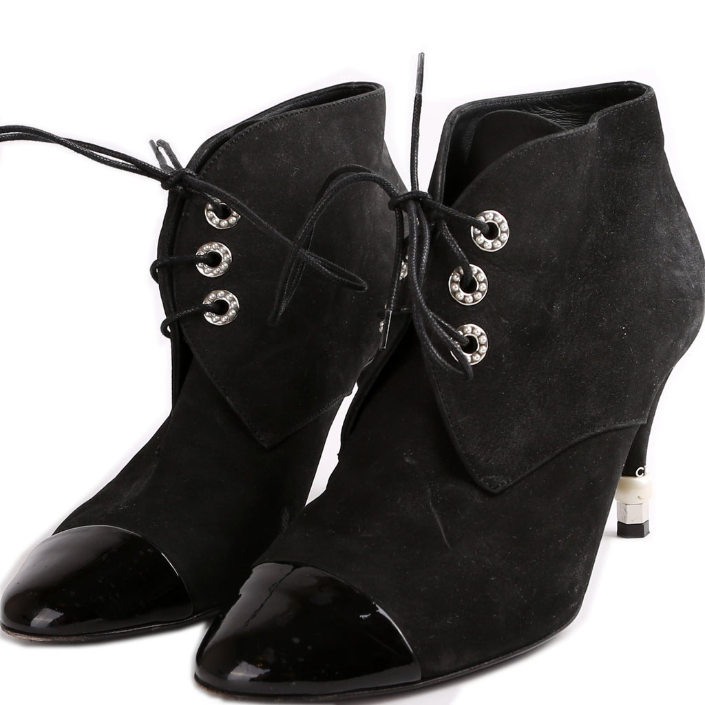 Chanel Suede Pearl Lace-Up Booties Size 37