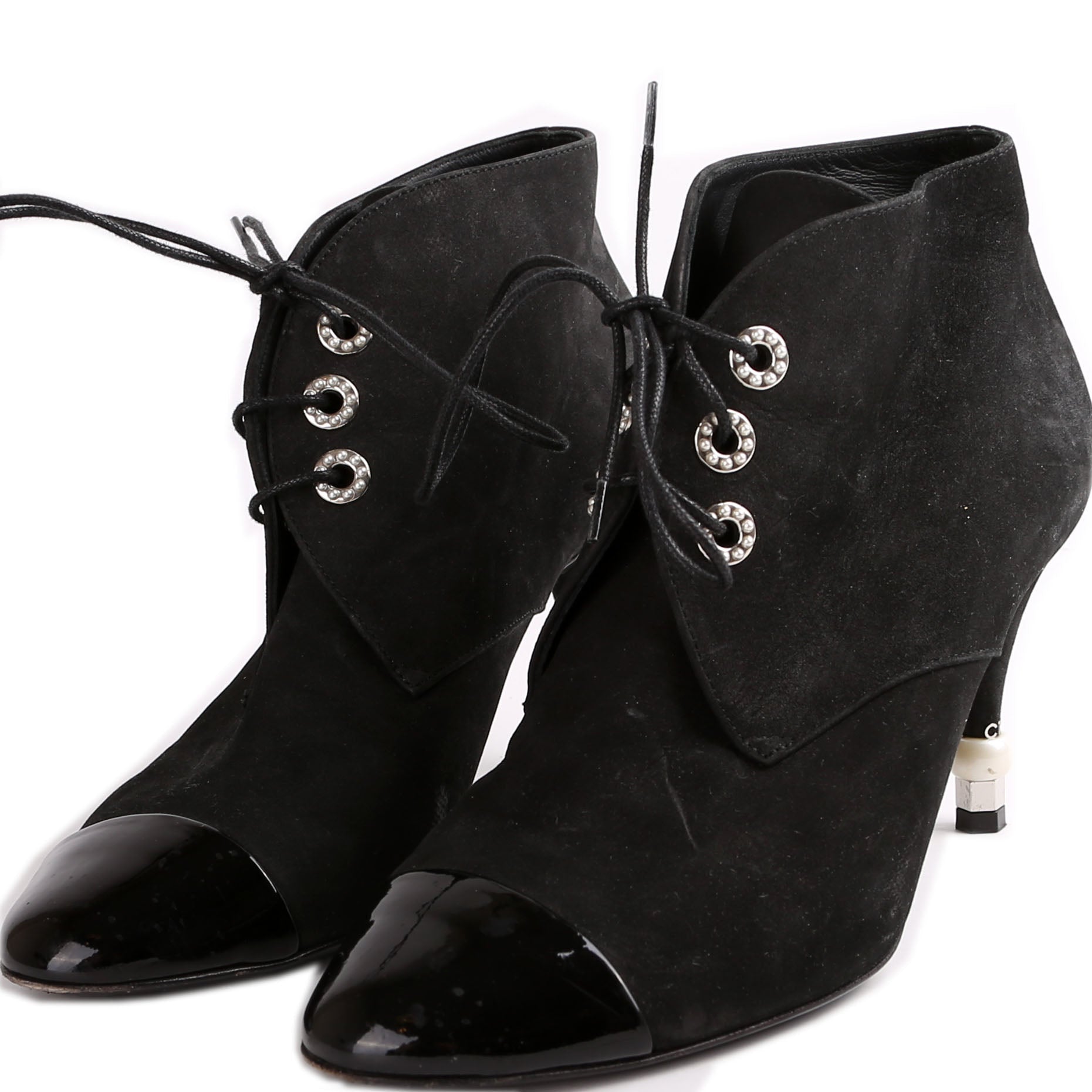 Chanel Suede Pearl Lace-Up Booties Size 37