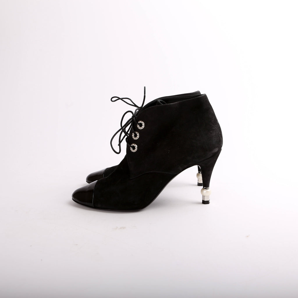 Chanel Suede Pearl Lace-Up Booties Size 37