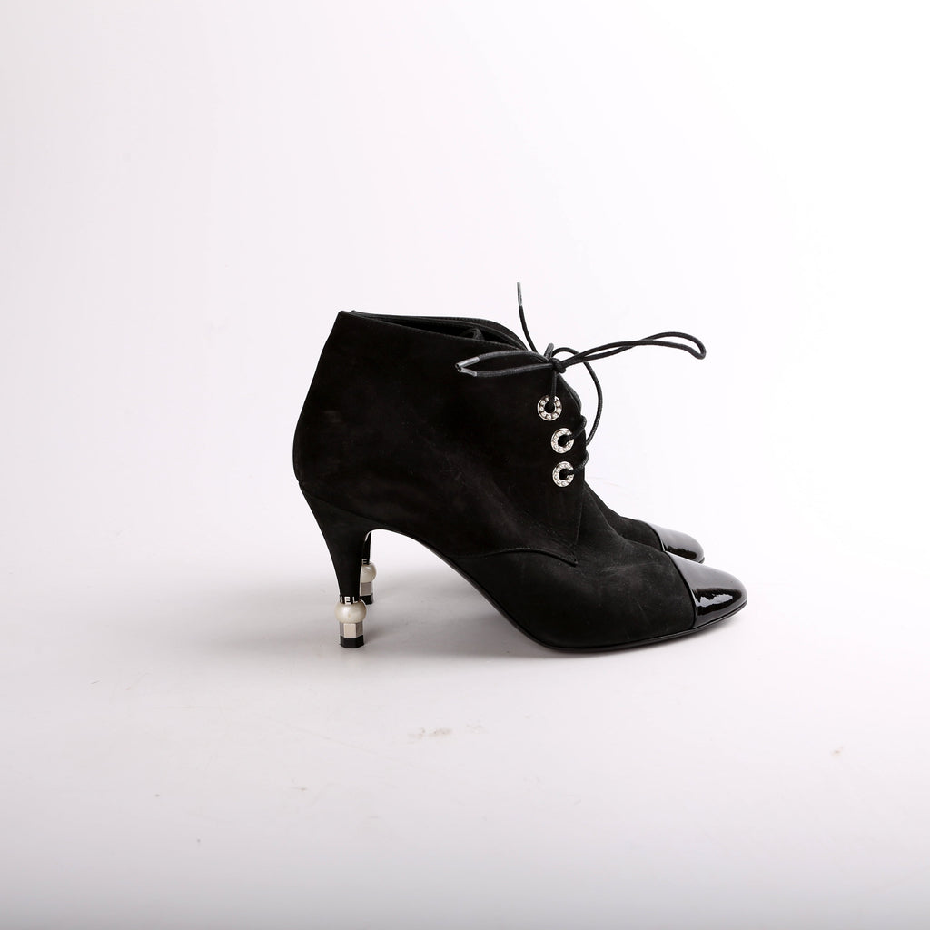 Chanel Suede Pearl Lace-Up Booties Size 37