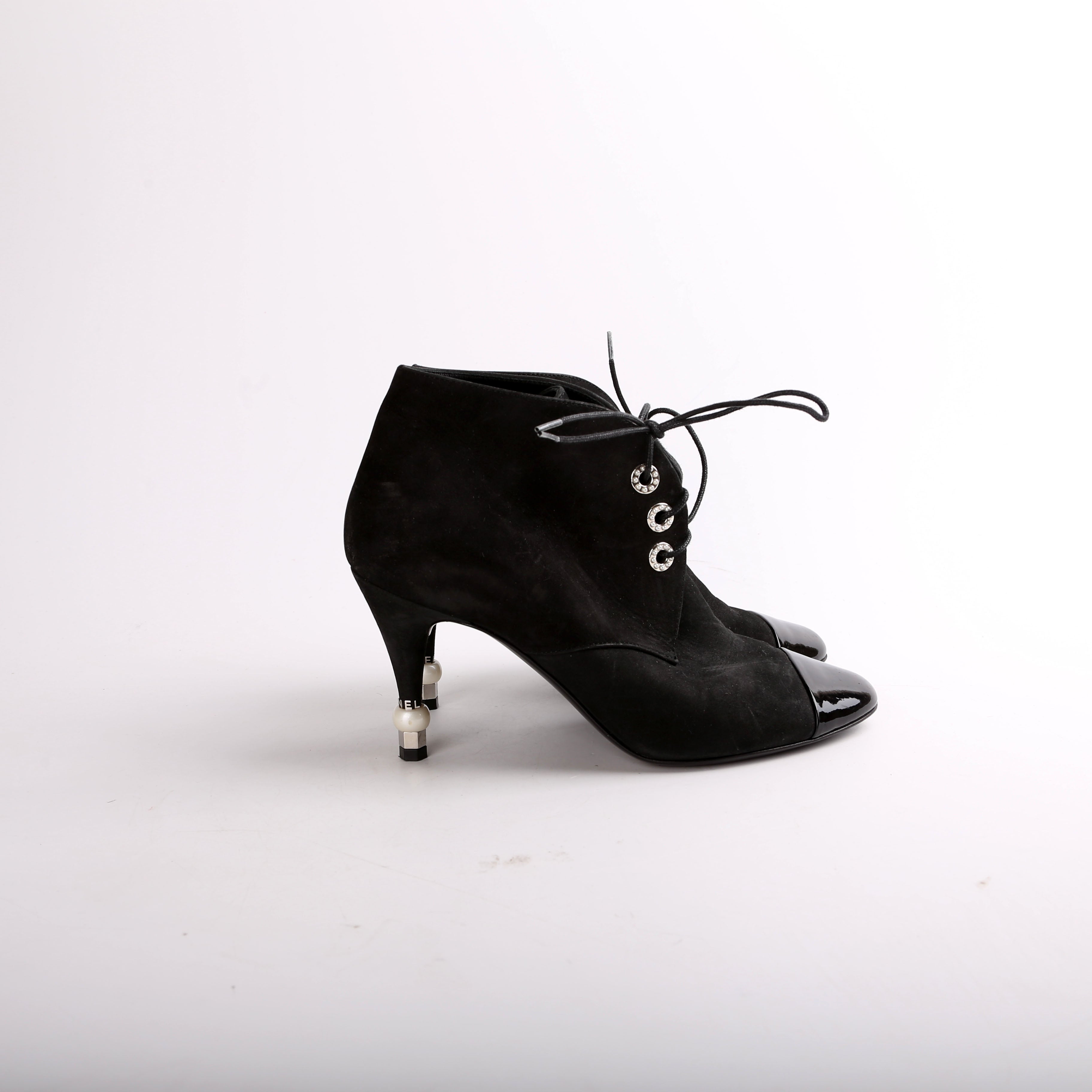 Chanel Suede Pearl Lace-Up Booties Size 37
