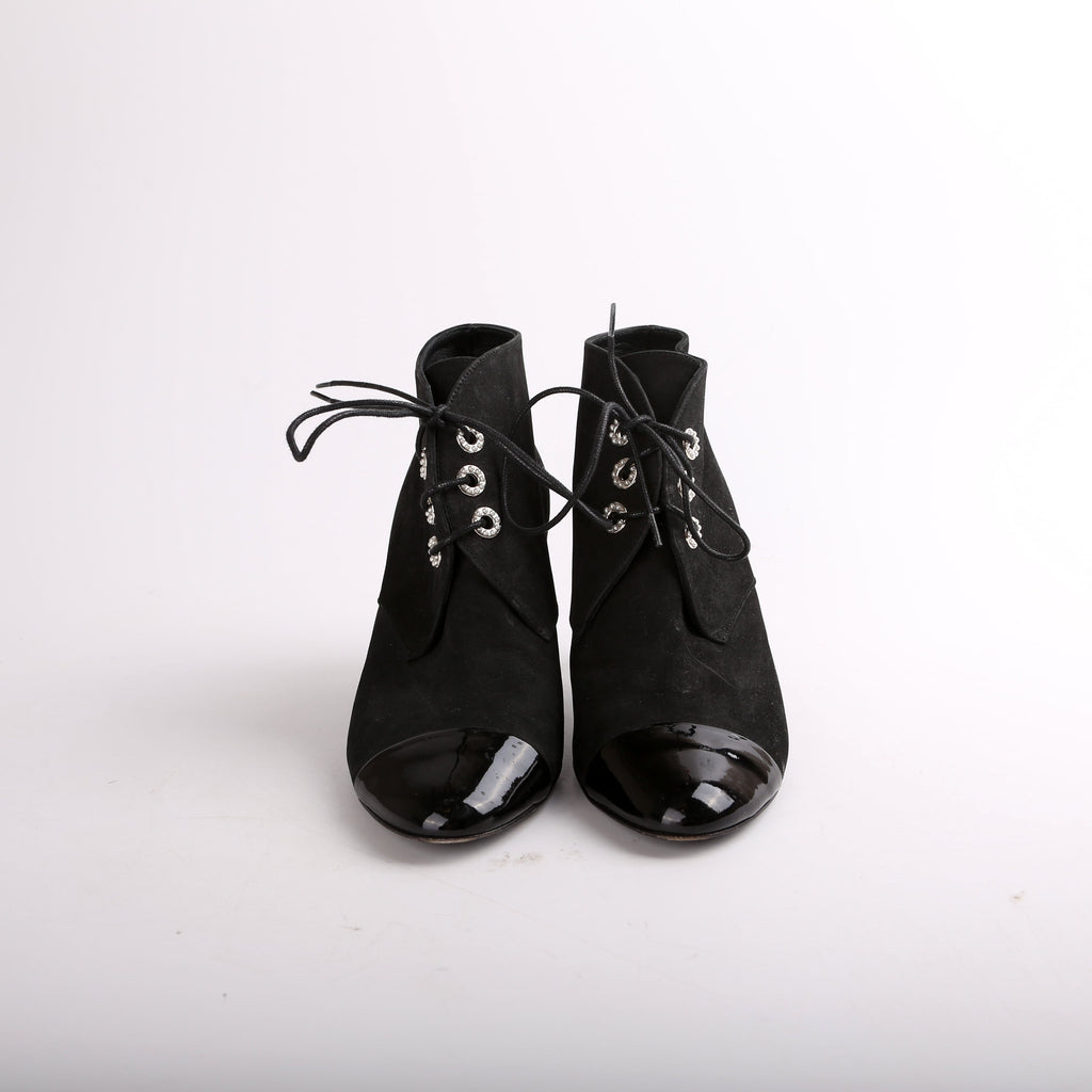 Chanel Suede Pearl Lace-Up Booties Size 37
