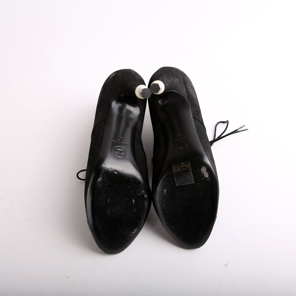 Chanel Suede Pearl Lace-Up Booties Size 37