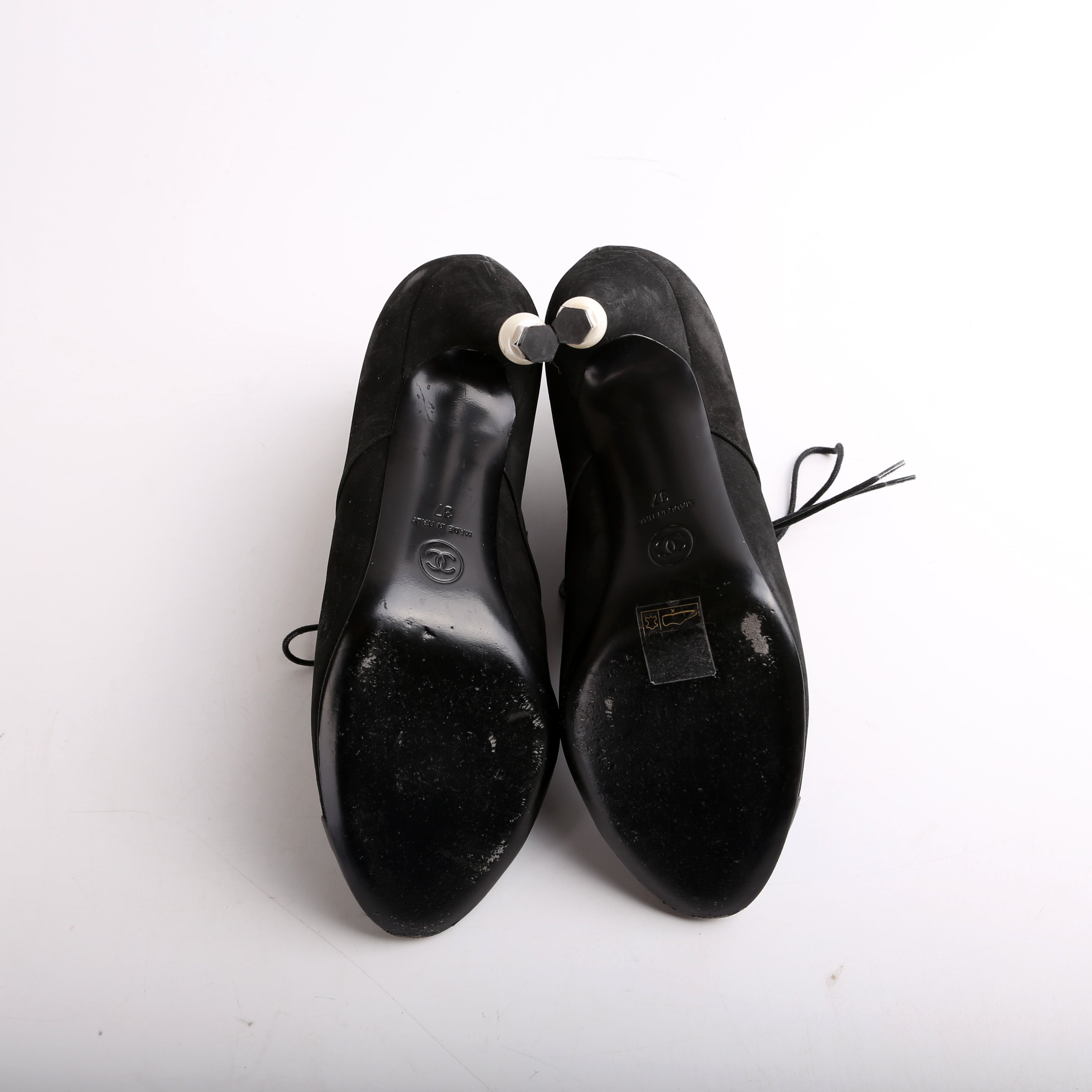 Chanel Suede Pearl Lace-Up Booties Size 37