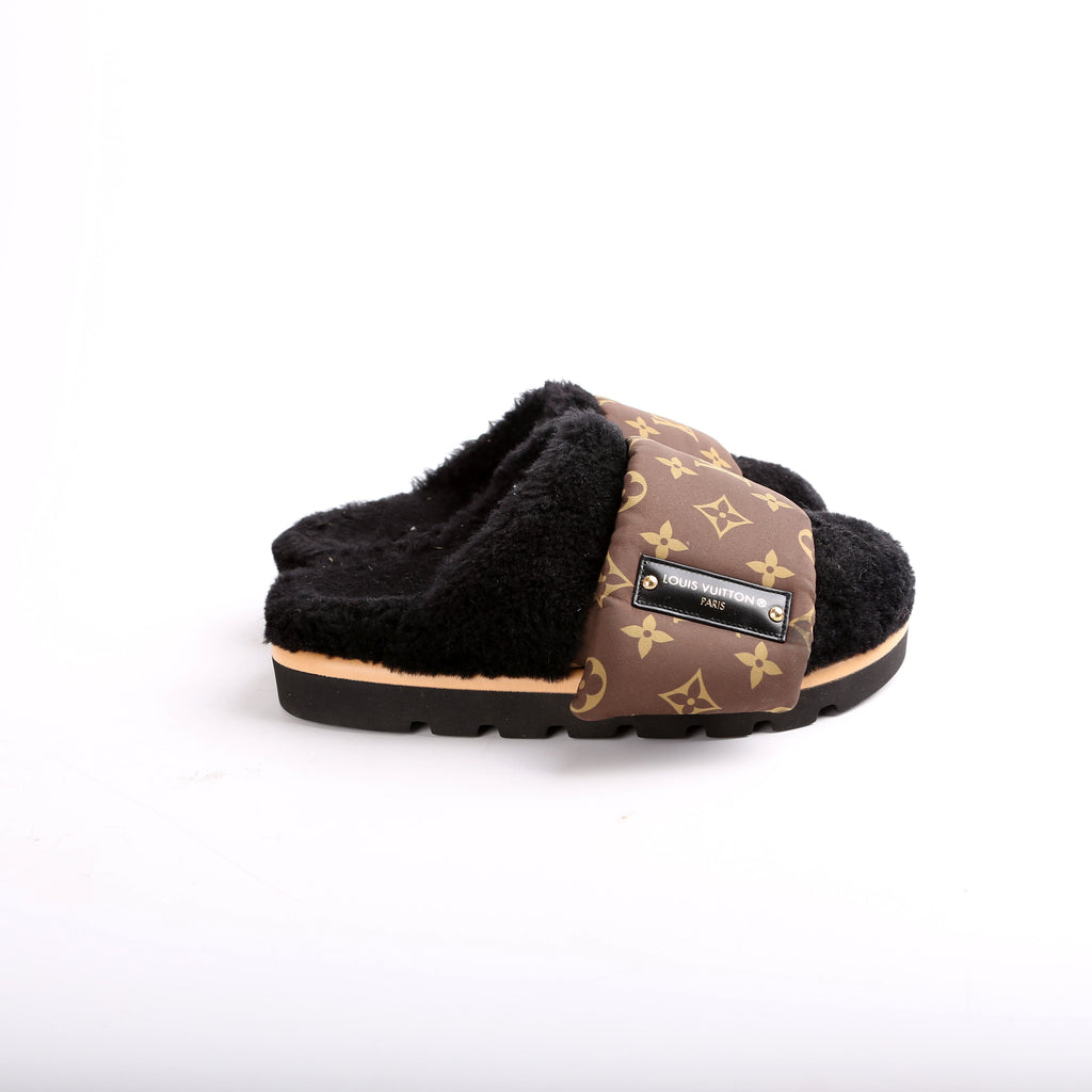 Louis Vuitton Shearling Nylon Monogram Pillow Comfort Mules Size 36