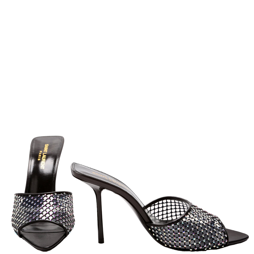Saint Laurent Giqua 95 Strass Mesh Mules Size 38 Black