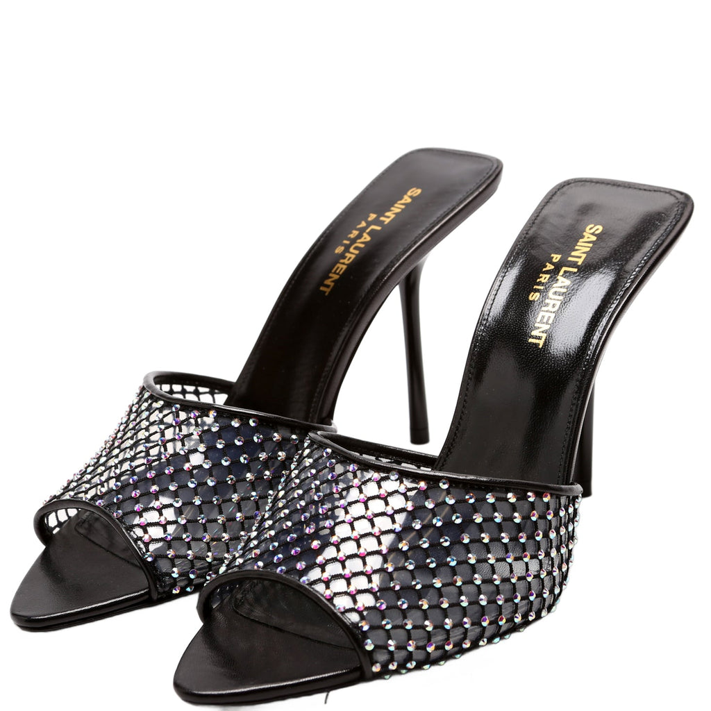 Saint Laurent Giqua 95 Strass Mesh Mules Size 38 Black