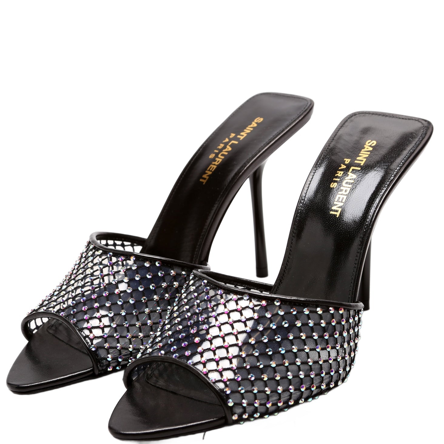 Saint Laurent Giqua 95 Strass Mesh Mules Size 38 Black
