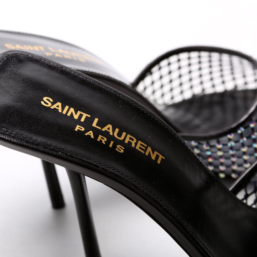 Saint Laurent Giqua 95 Strass Mesh Mules Size 38 Black