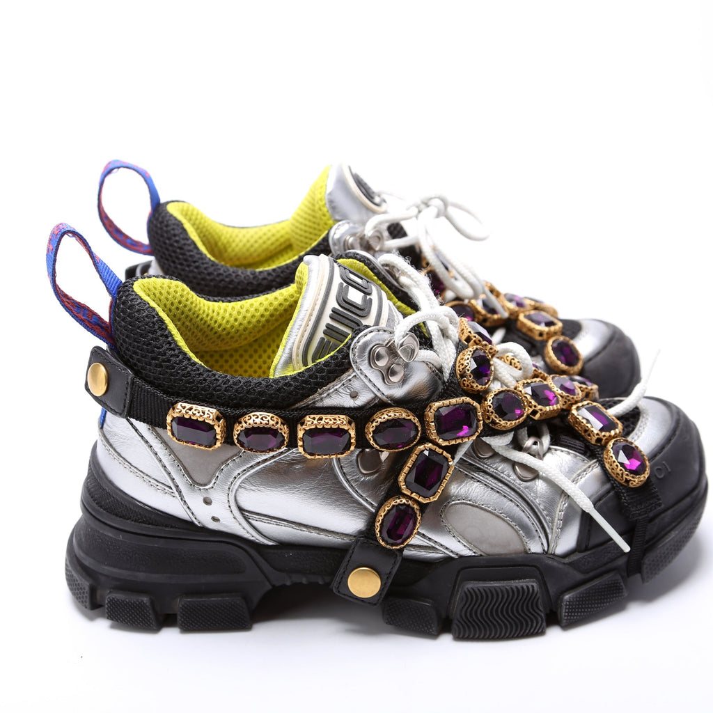 Gucci Flashtrek Jeweled Sneakers Size 36 Silver