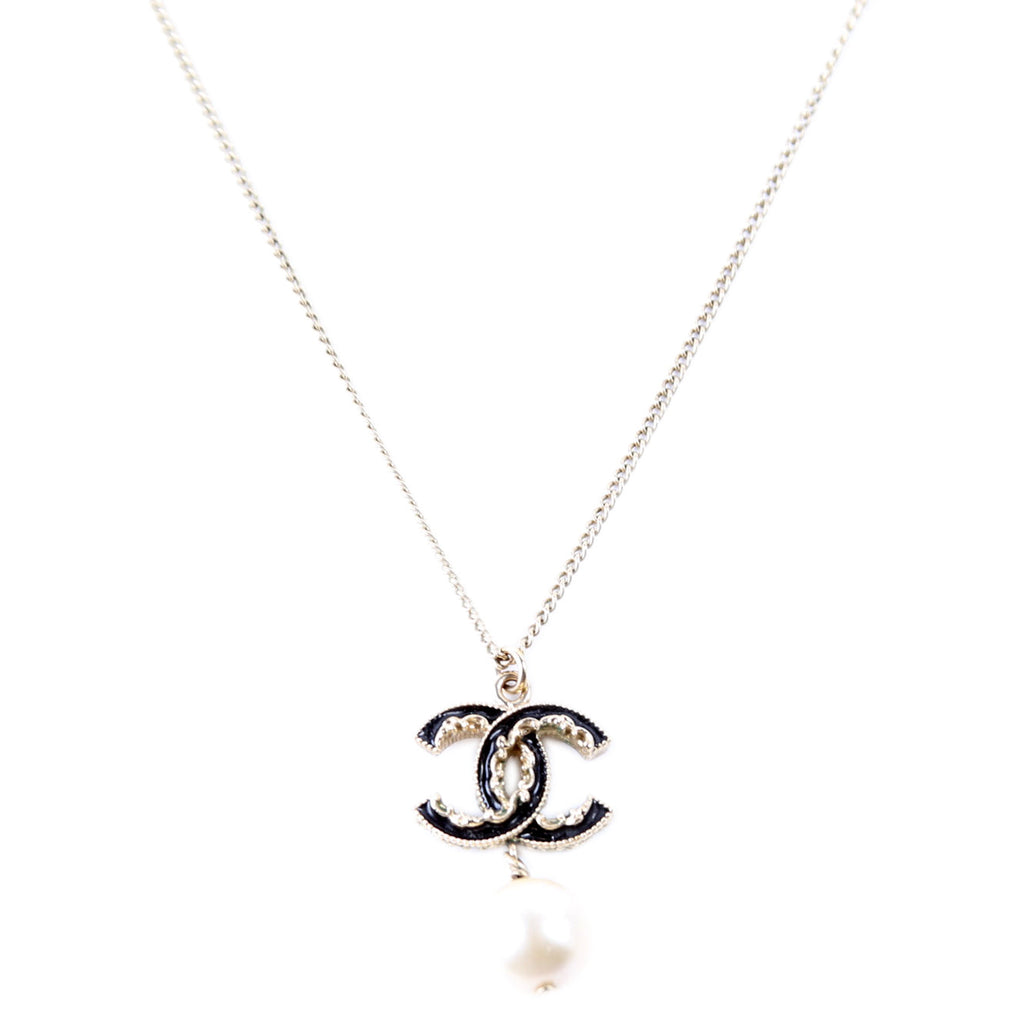 Chanel CC Enamel Faux Pearl Drop Necklace Gold/Pearl