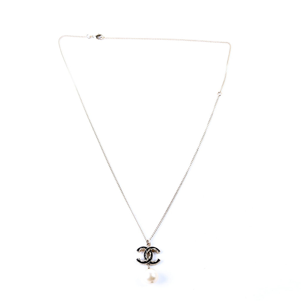 Chanel CC Enamel Faux Pearl Drop Necklace Gold/Pearl