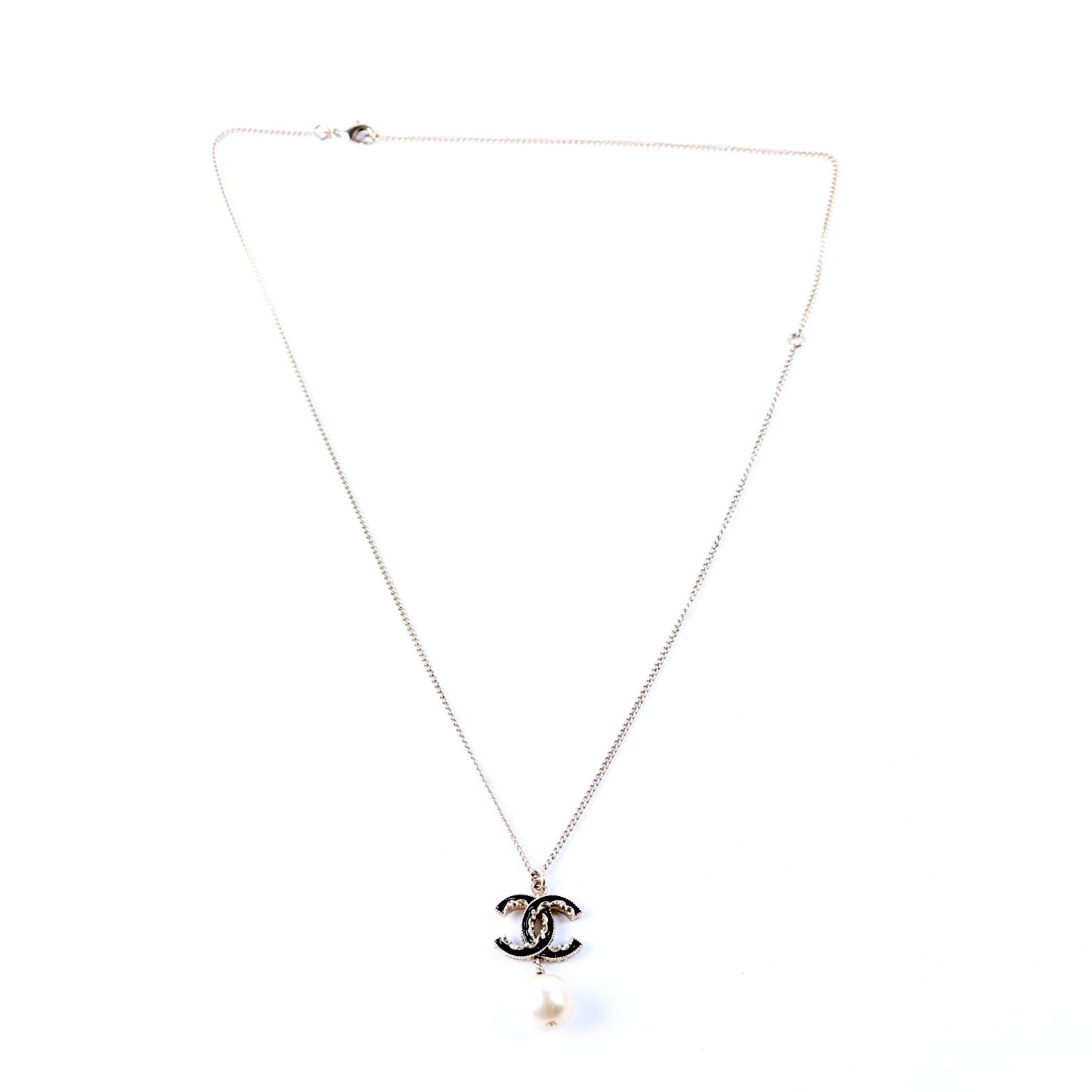Chanel CC Enamel Faux Pearl Drop Necklace Gold/Pearl
