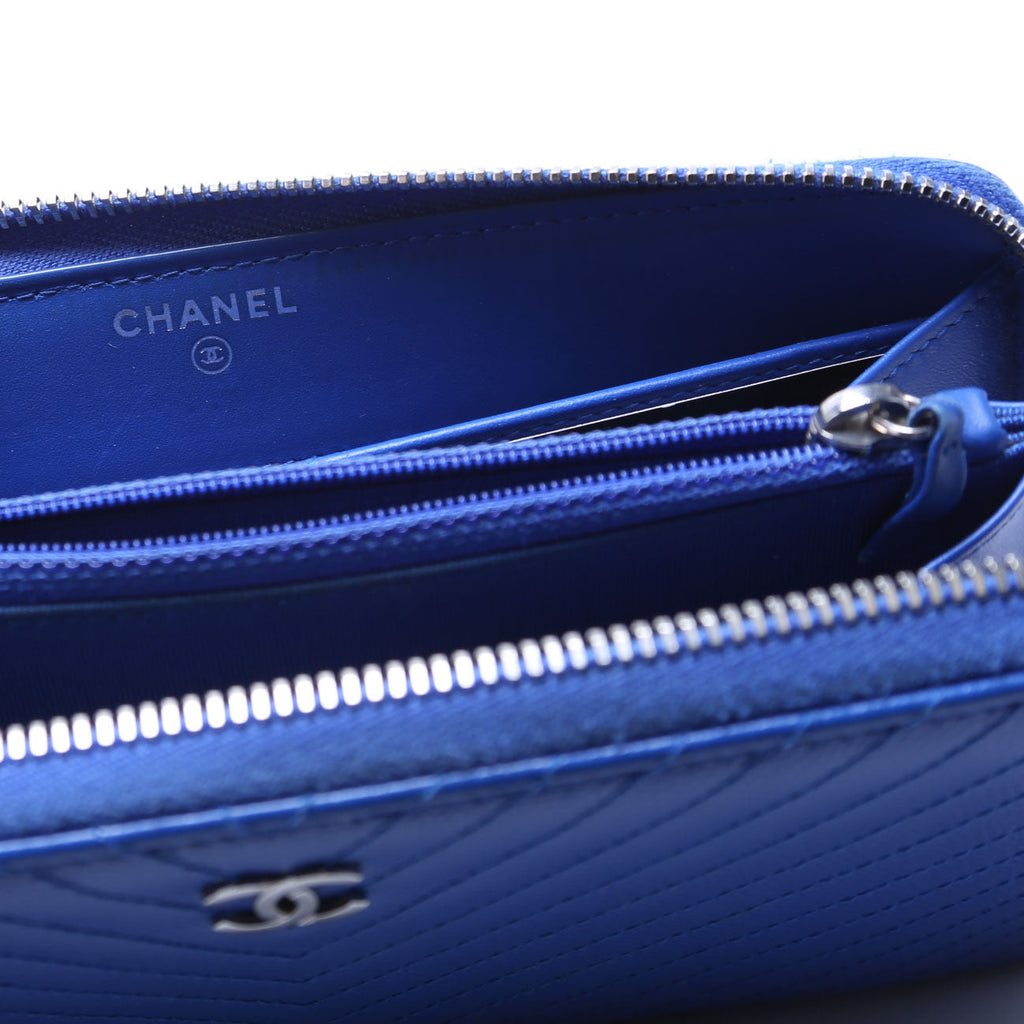 Chanel Chevron Zip Around Wallet Blue