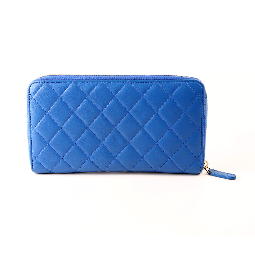 Chanel CC Zip Around Organizer Wallet Quilted Lambskin Blue