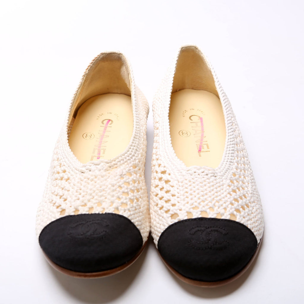 Chanel Crochet Cap Toe Ballet Flats Size 36.5 White/Black