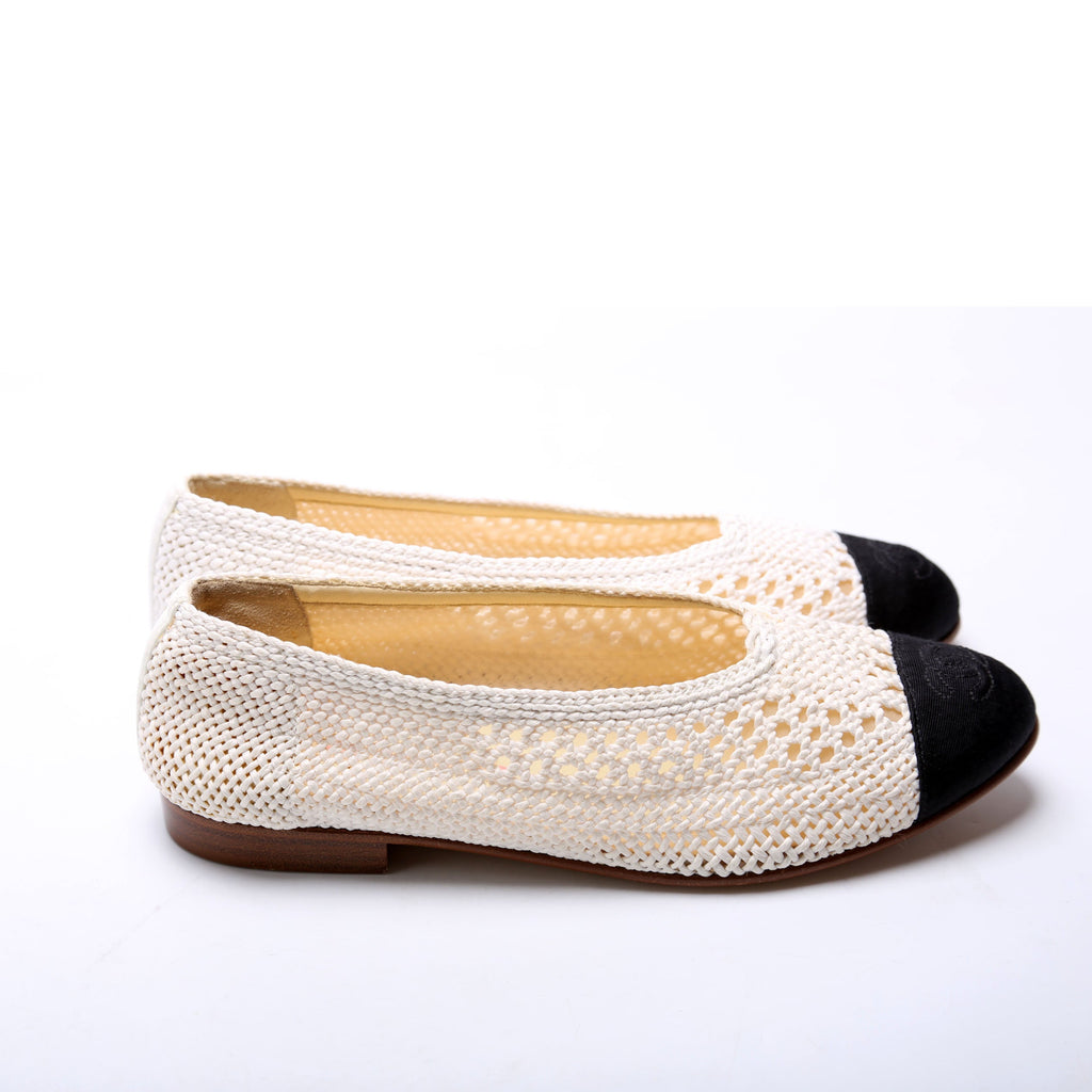 Chanel Crochet Cap Toe Ballet Flats Size 36.5 White/Black
