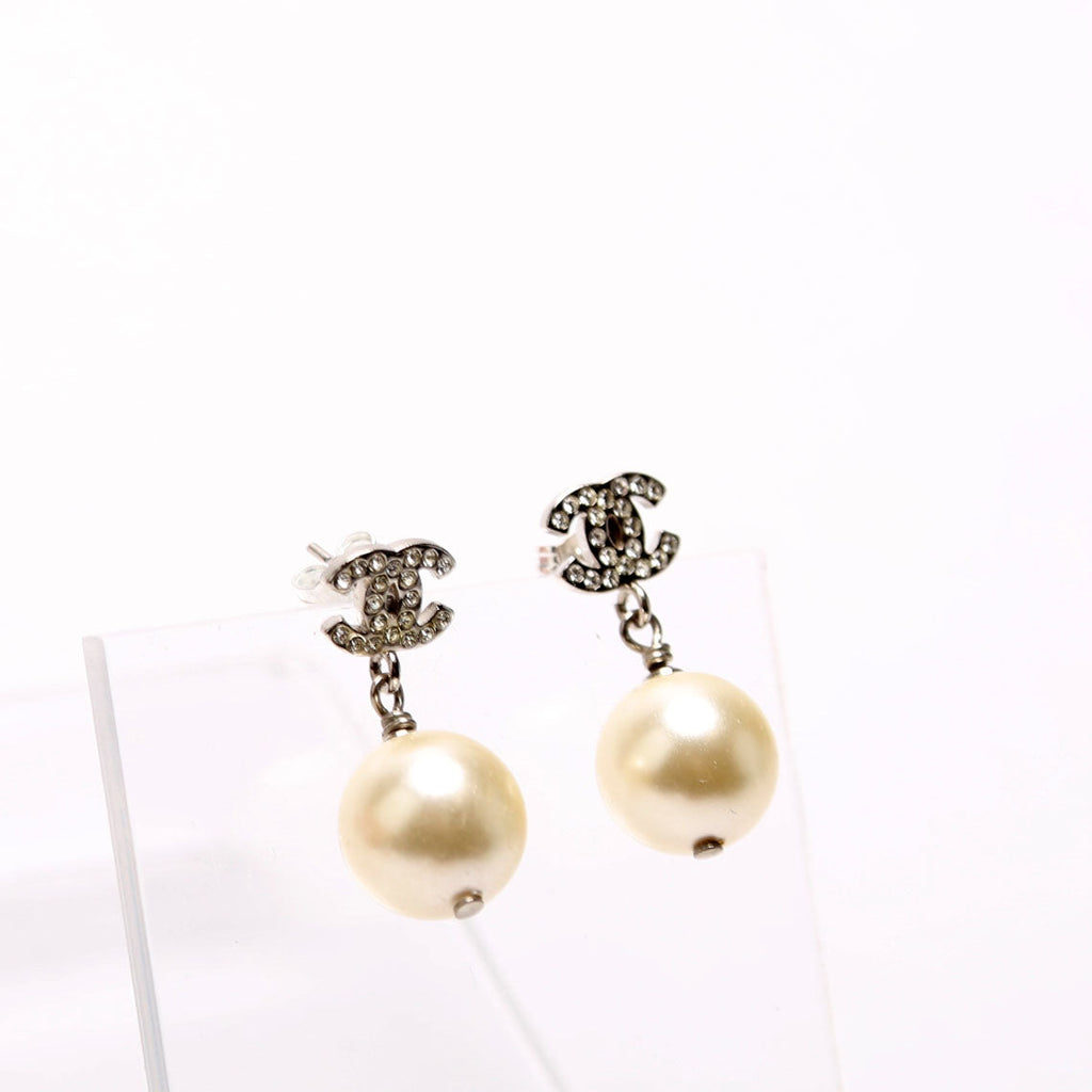 Chanel Crystal CC Pearl Drop Earrings