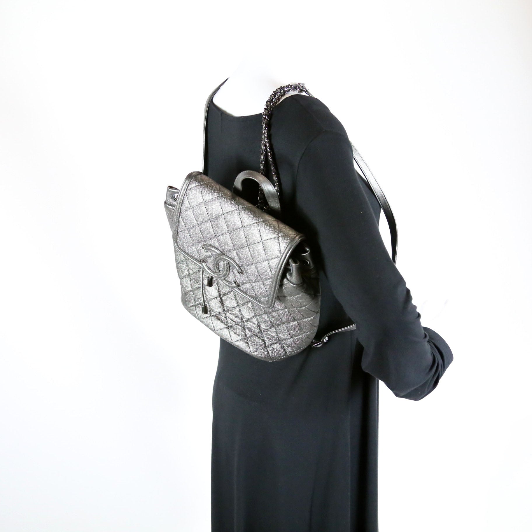Chanel CC Filigree Backpack Metallic Caviar 26M