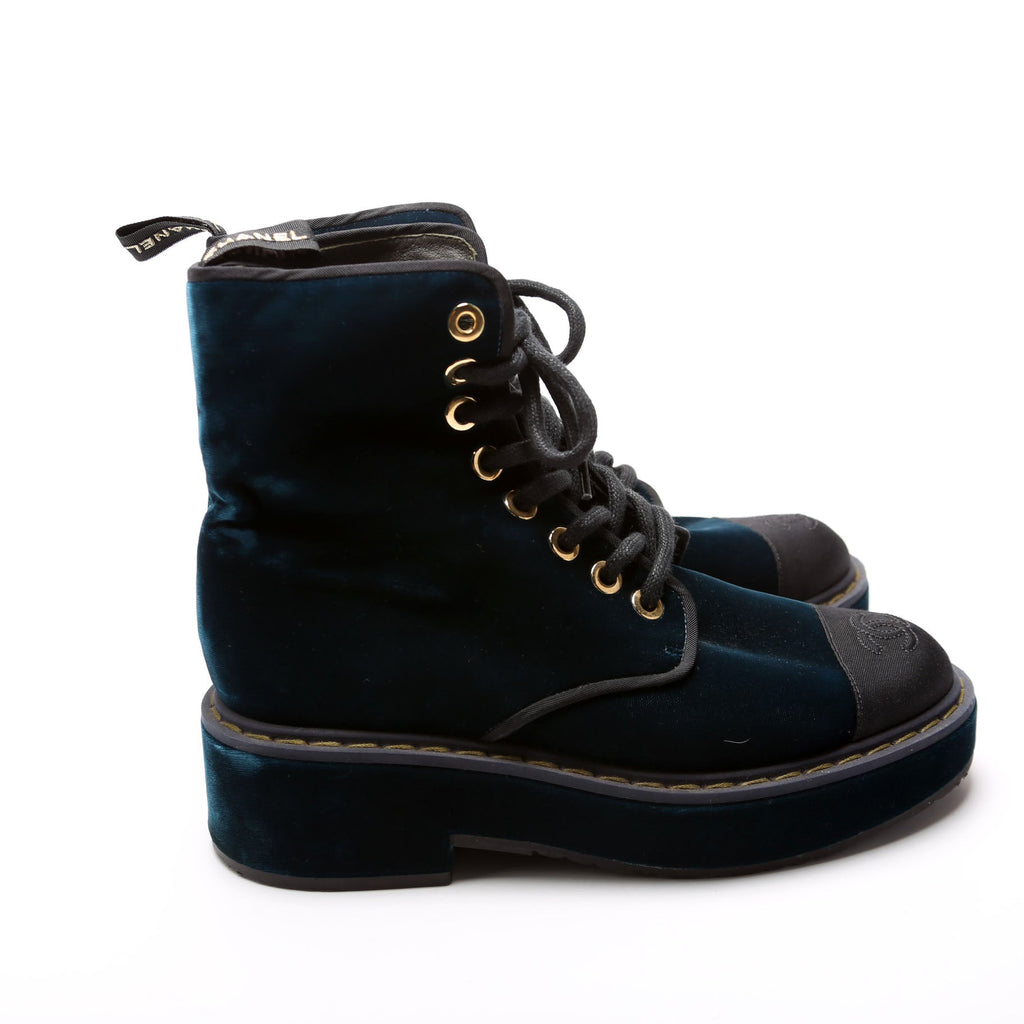 Chanel Captoe CC Velvet Combat Boots Size 38.5