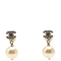 Chanel Crystal CC Pearl Drop Earrings Silver