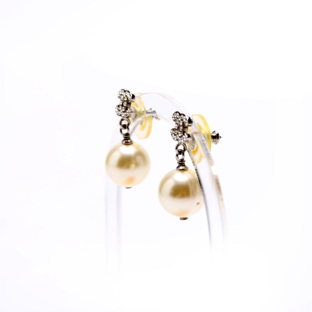 Chanel Crystal CC Pearl Drop Earrings Silver