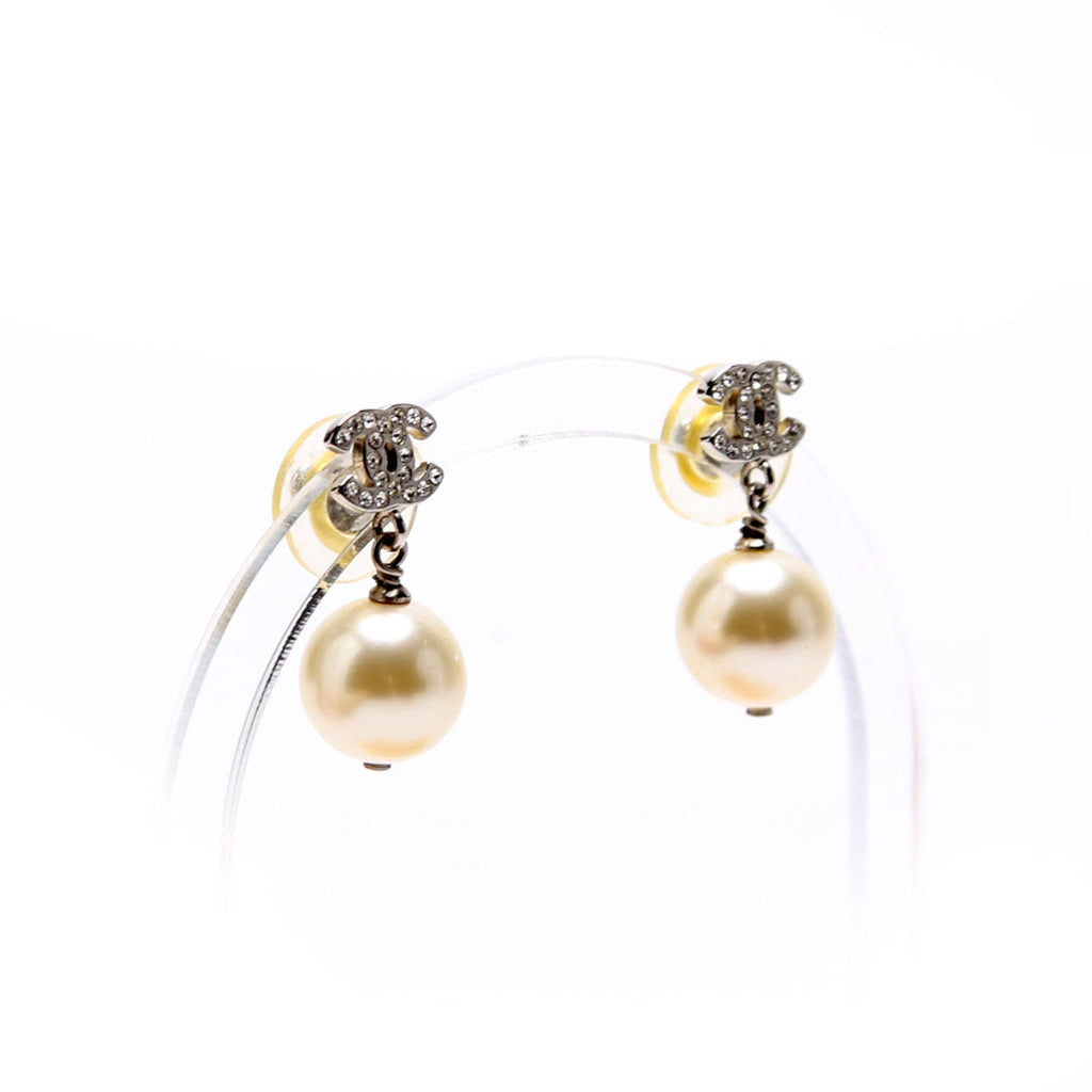 Chanel Crystal CC Pearl Drop Earrings Silver