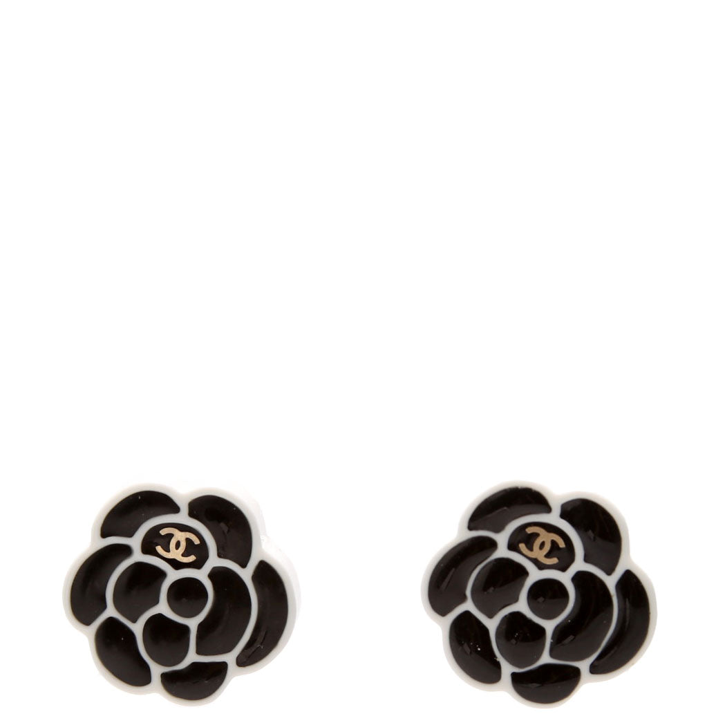 Chanel Camellia Flower Resin Earrings Black/White