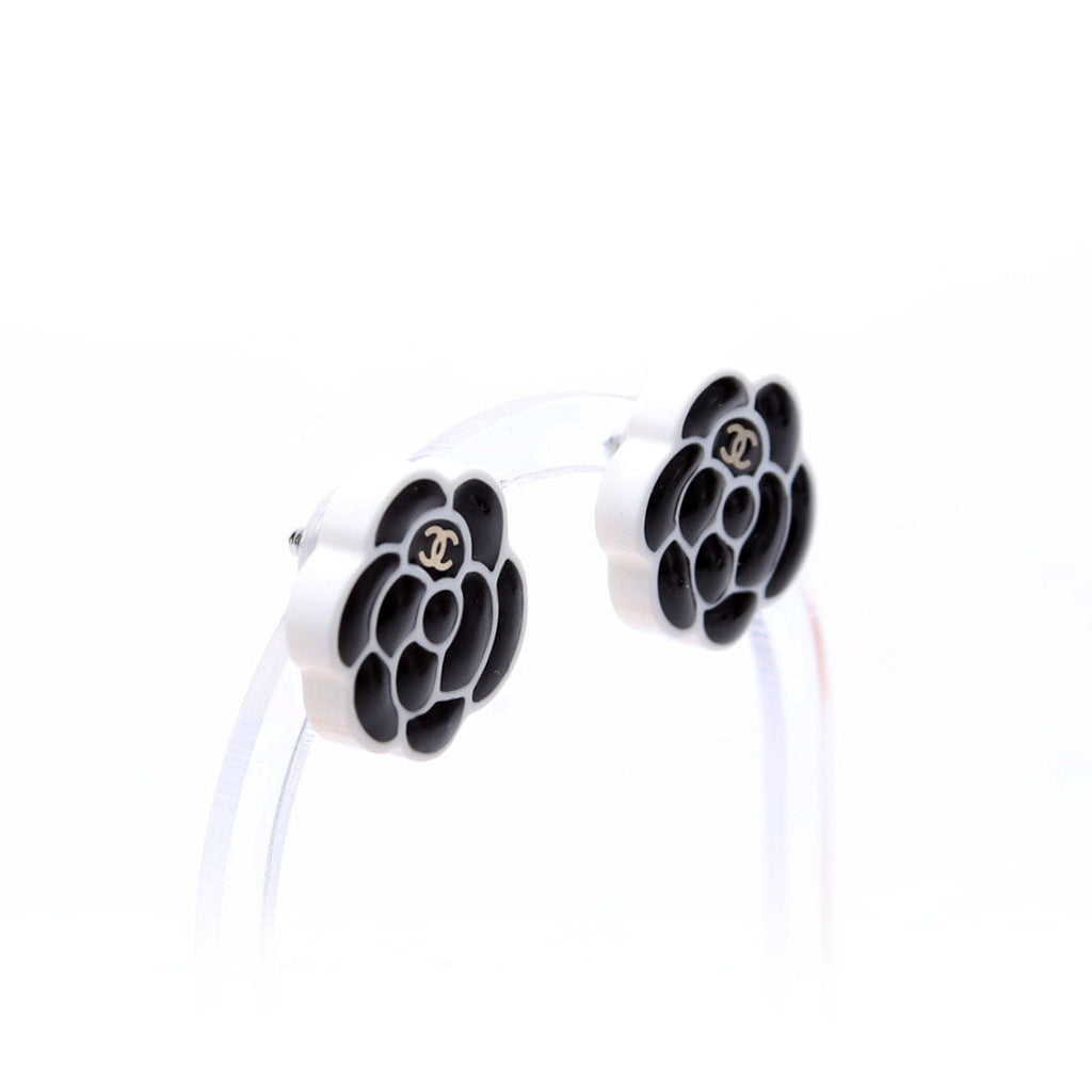 Chanel Camellia Flower Resin Earrings Black/White