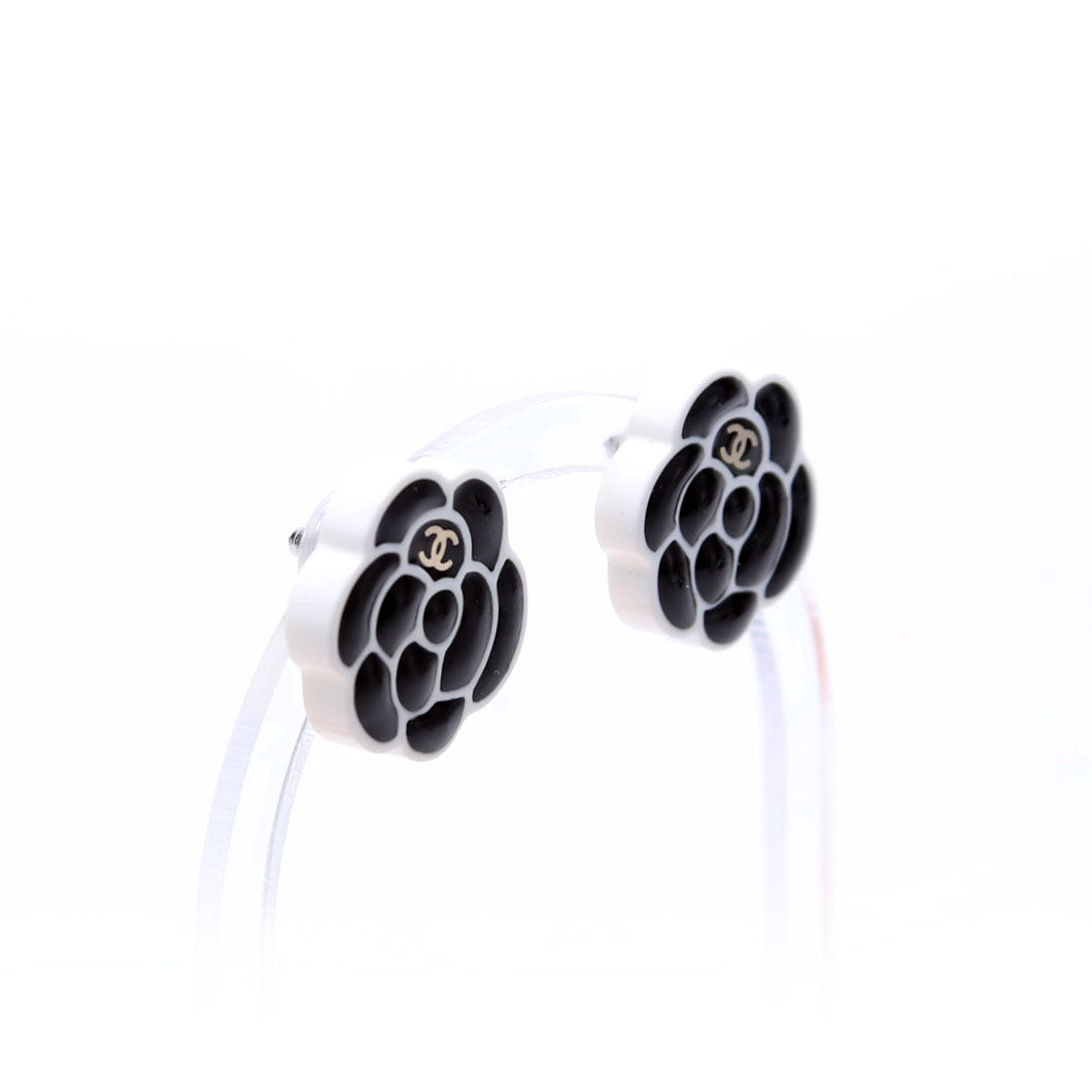 Chanel Camellia Flower Resin Earrings Black/White