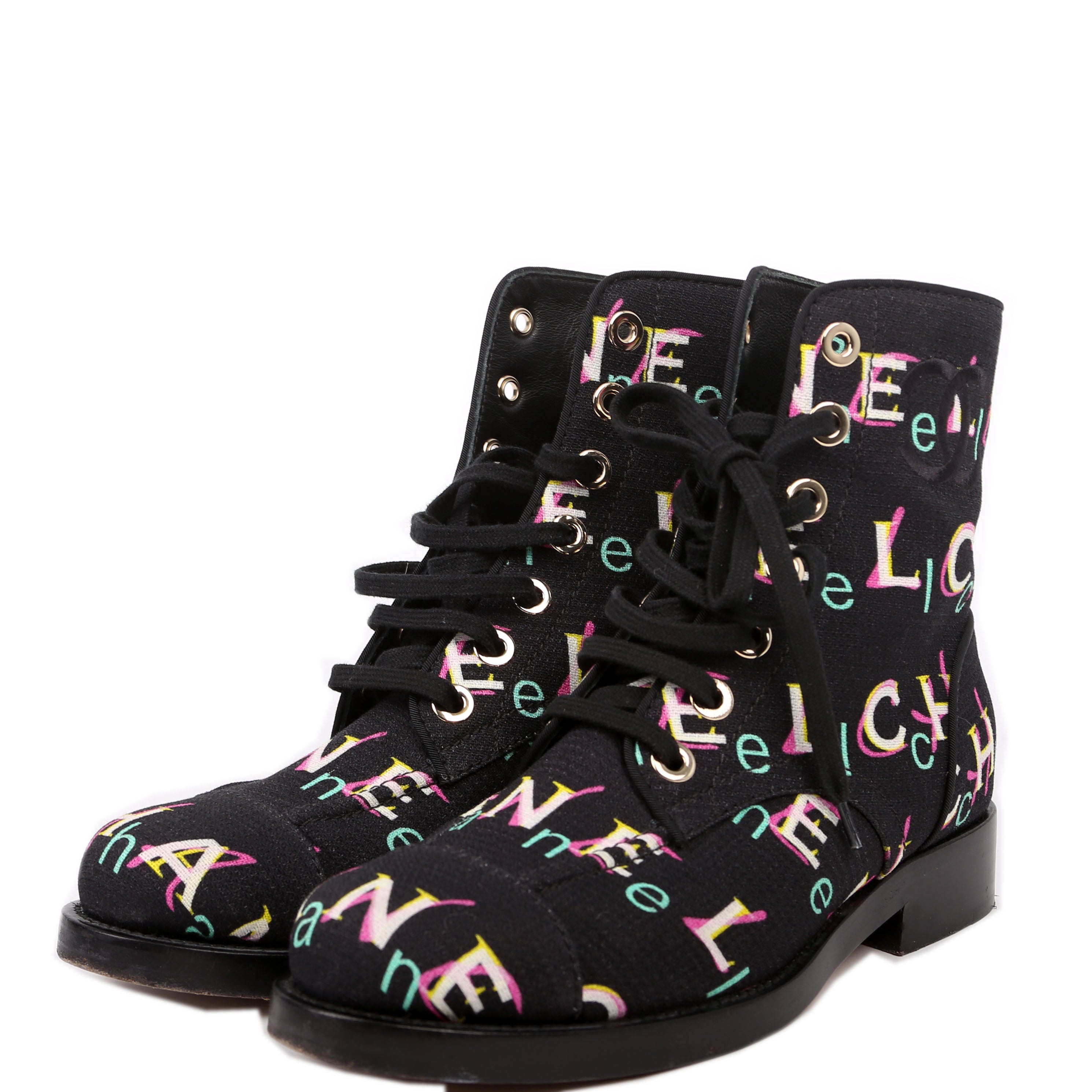 Chanel Tweed Logo Lace-Up Boots Size 37.5 Black/Multicolor