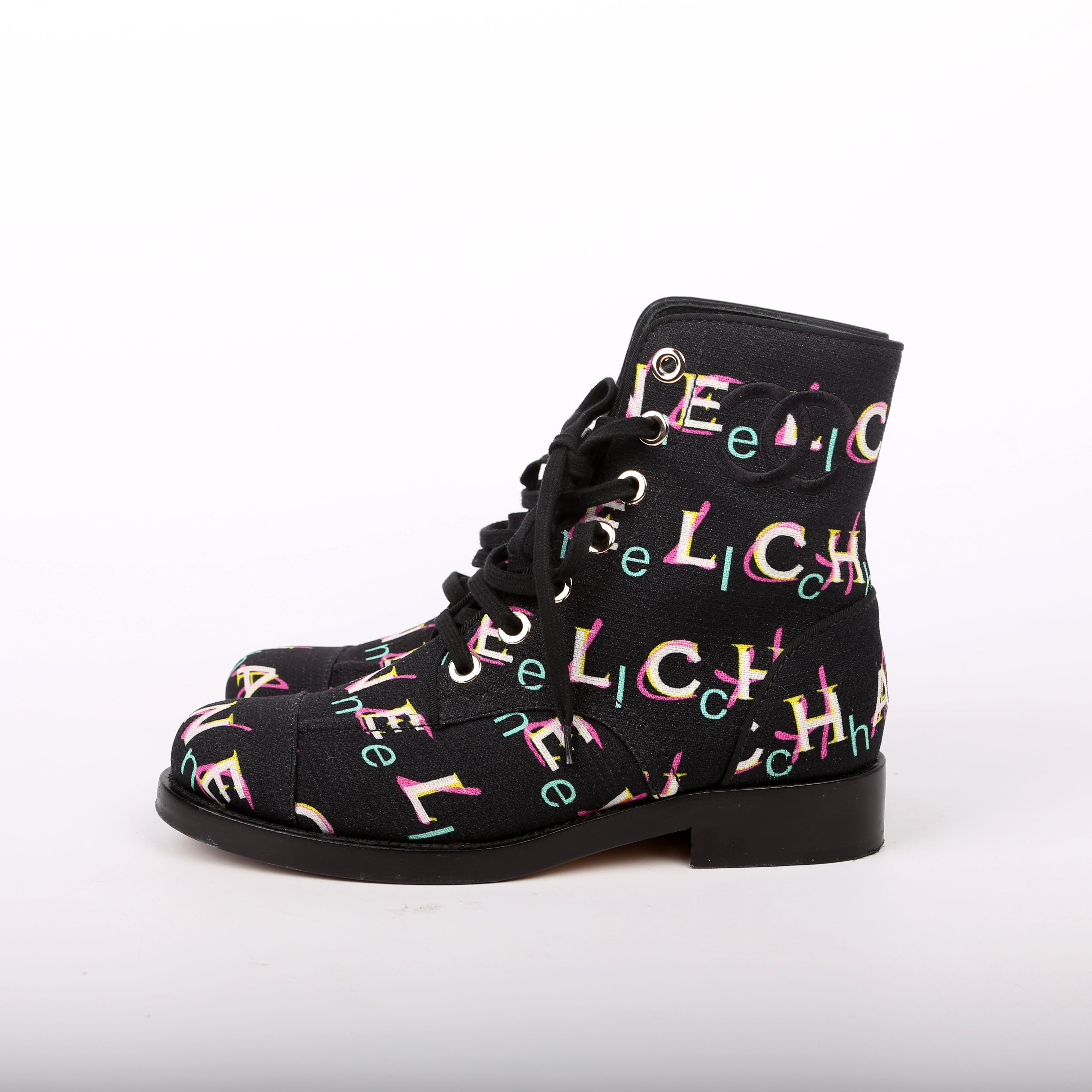 Chanel Tweed Logo Lace-Up Boots Size 37.5 Black/Multicolor