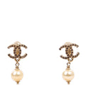 Chanel CC Crystal Pearl Drop Earrings Gold