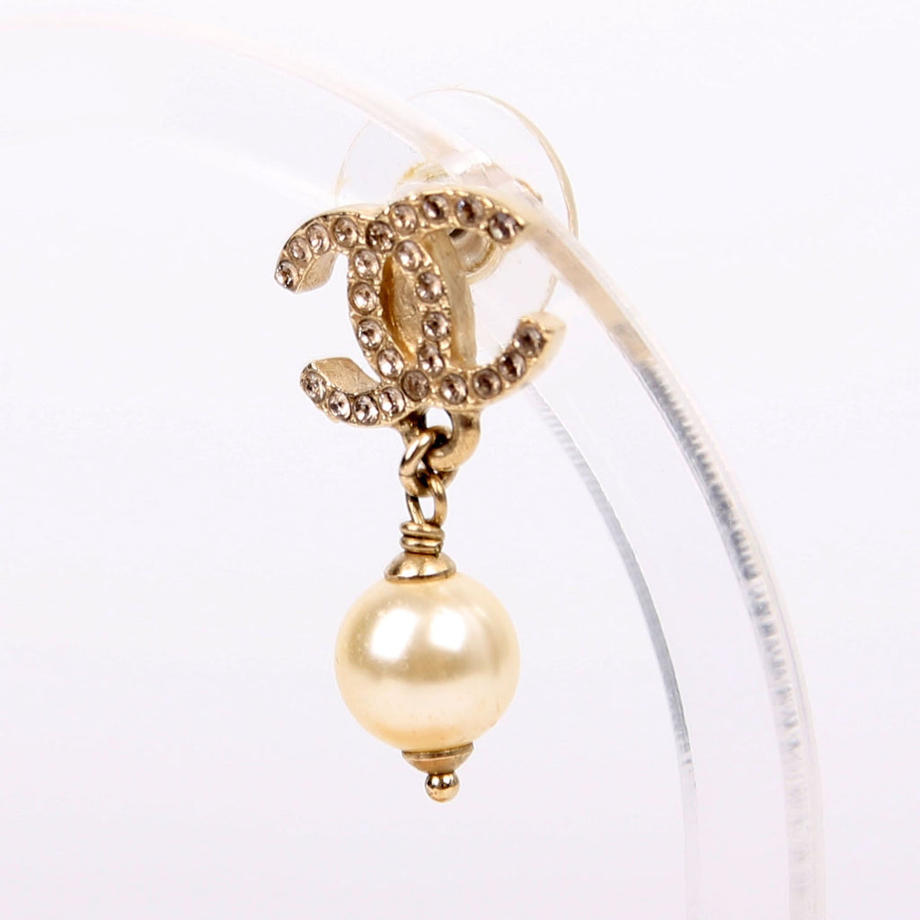 Chanel CC Crystal Pearl Drop Earrings Gold