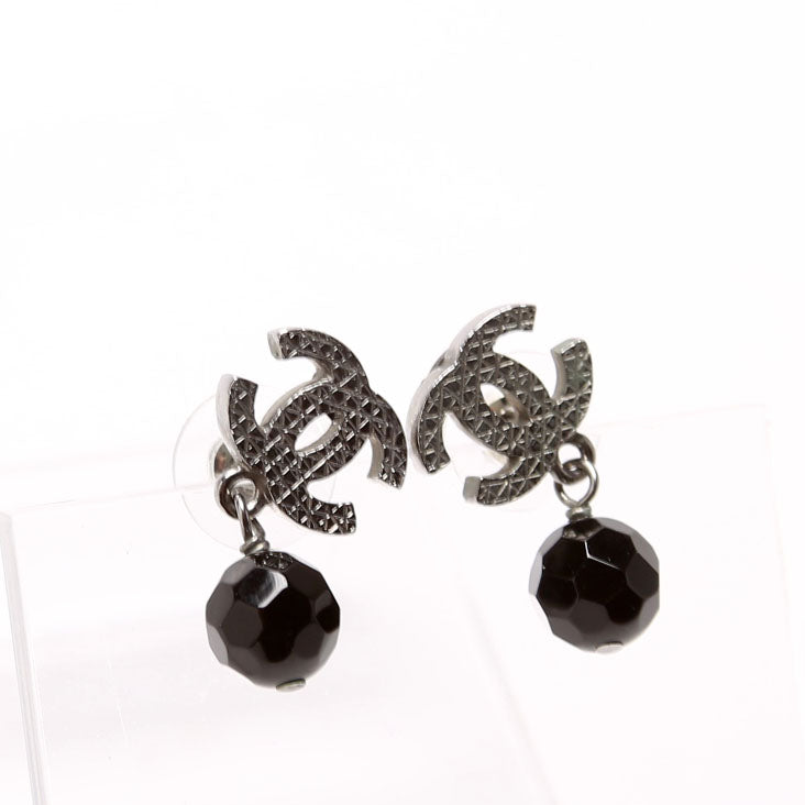 Chanel CC Bead Ruthenium Drop Earrings Silver/Black