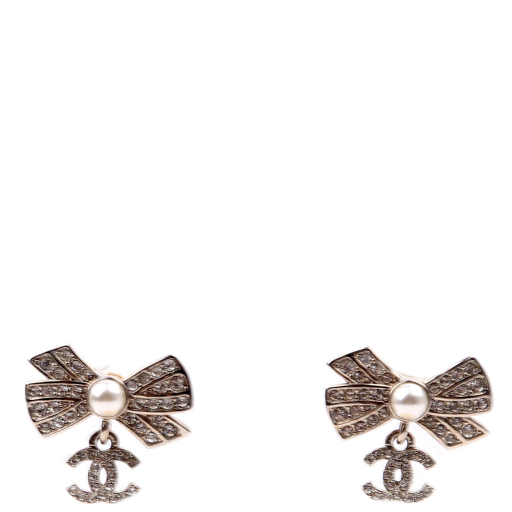 Chanel Crystal Bow CC Drop Small Earrings Silver