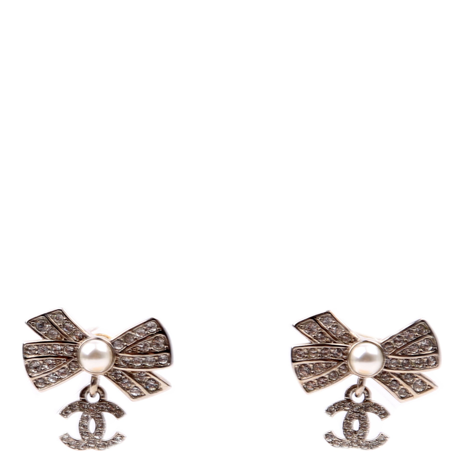 Chanel Crystal Bow CC Drop Small Earrings Silver
