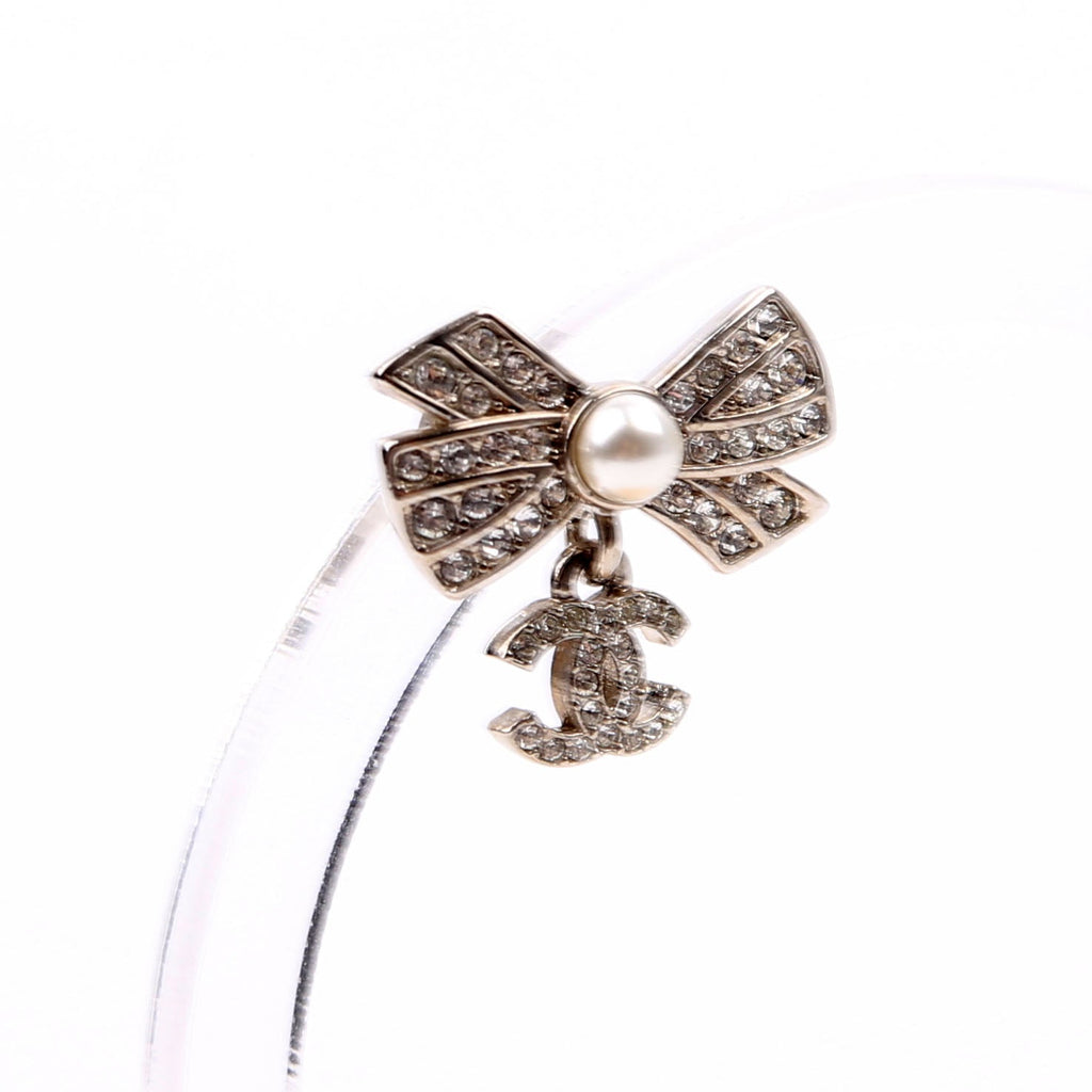 Chanel Crystal Bow CC Drop Small Earrings Silver