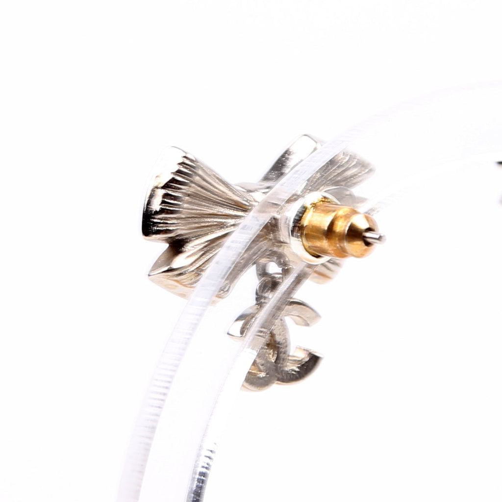 Chanel Crystal Bow CC Drop Small Earrings Silver