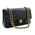 CHANEL Classic Double Flap 10" Chain Shoulder Bag Black Lambskin i71