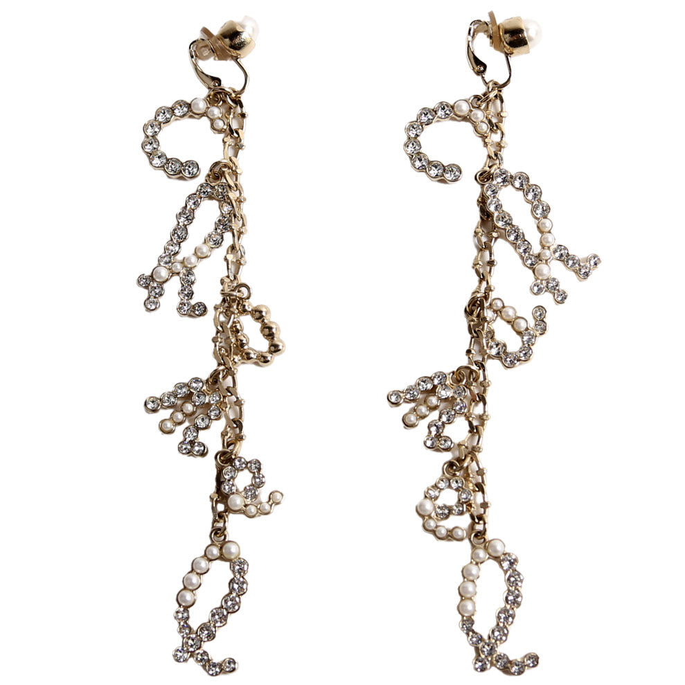 Chanel Crystal Pearl Drop Letters Clip On Earrings Gold/Pearl